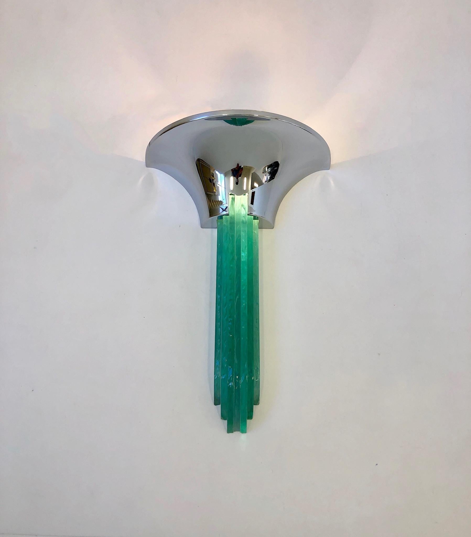 Modern Pair of Chrome and Glass Wall Sconces by Karl Springer 