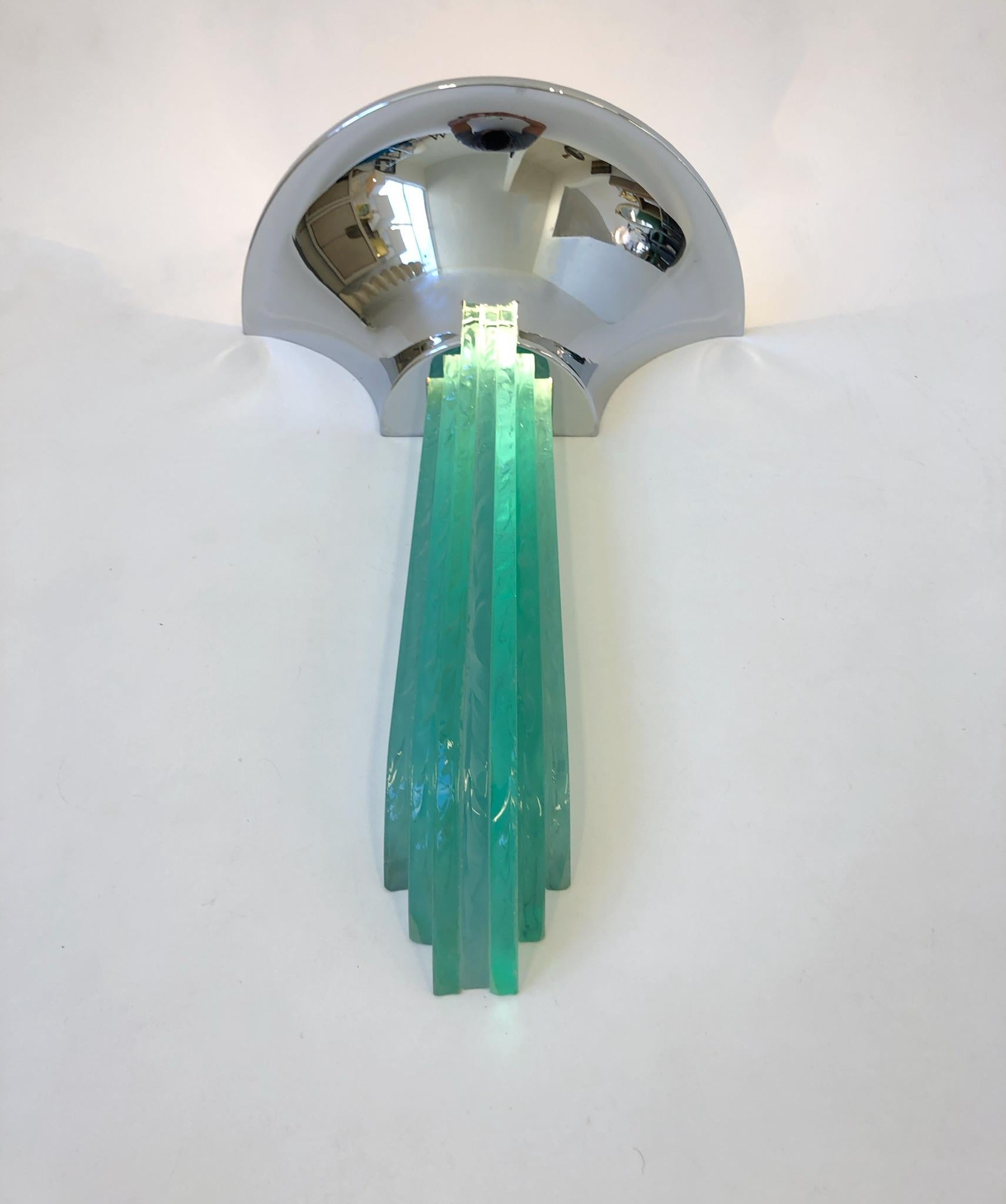 Late 20th Century Pair of Chrome and Glass Wall Sconces by Karl Springer 