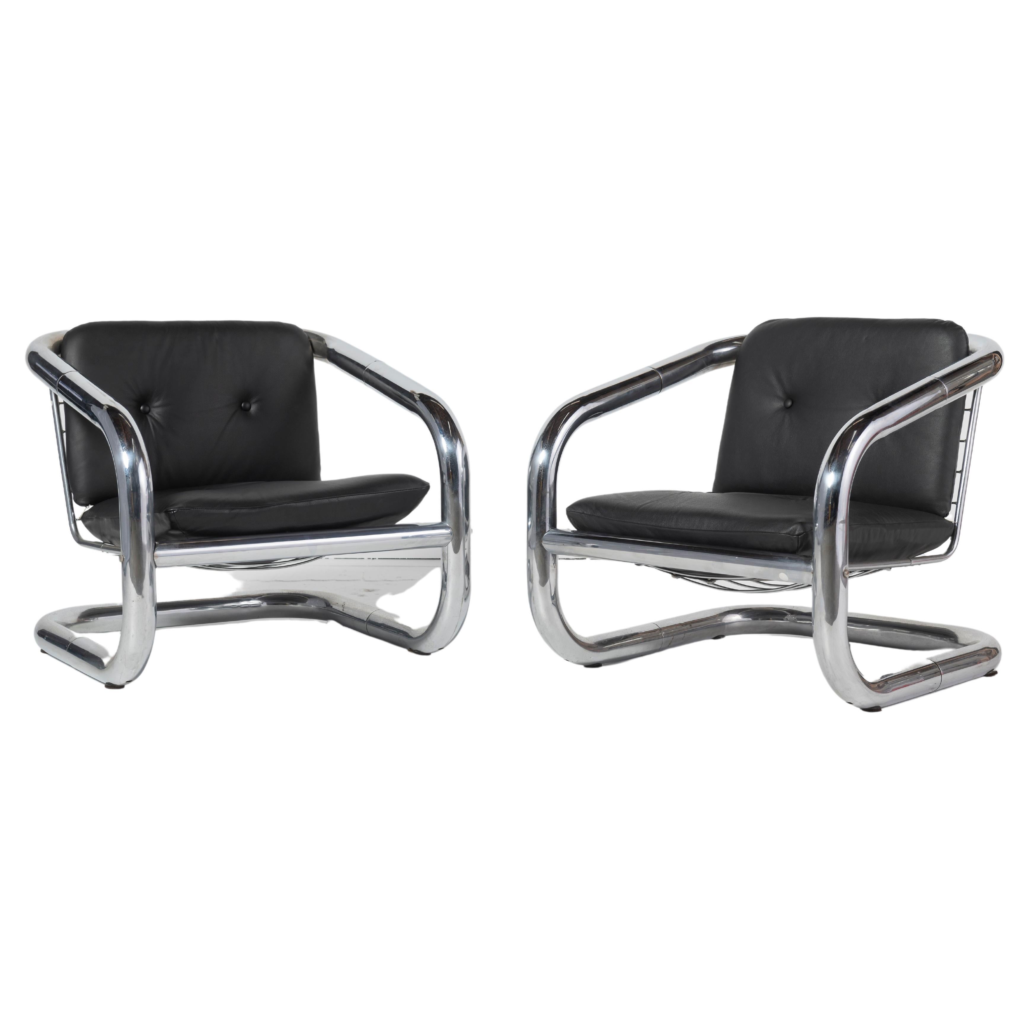 Pair of Chrome and Leather Armchairs by L'Atelier San Paulo