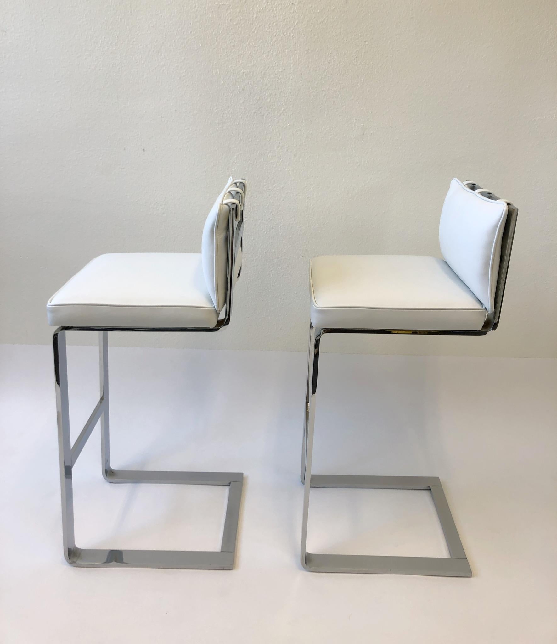 American Pair of Chrome and Leather Barstool by Milo Baughman