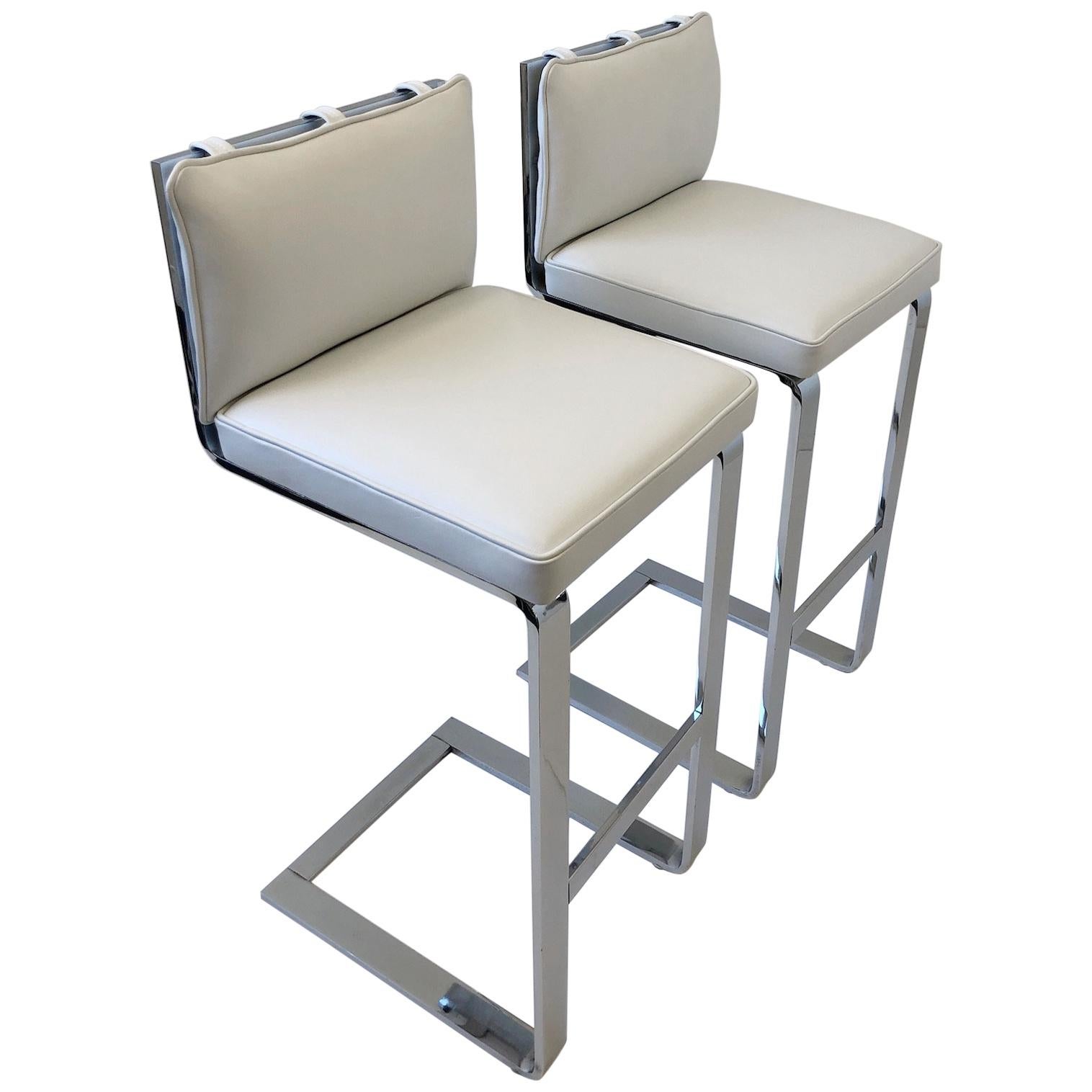 Pair of Chrome and Leather Barstool by Milo Baughman