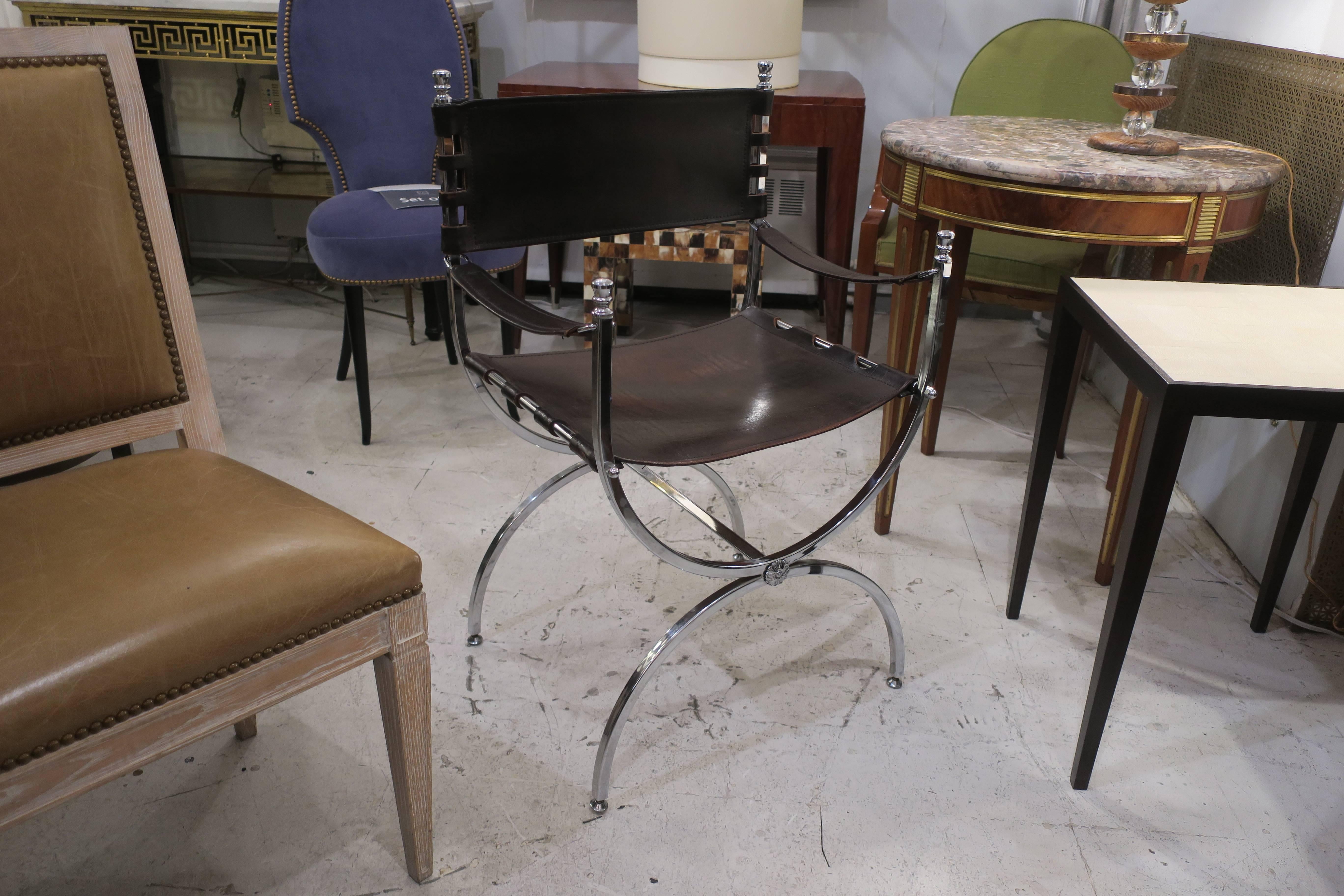 Pair of chrome and leather directors chairs attributed to Maison Jansen.