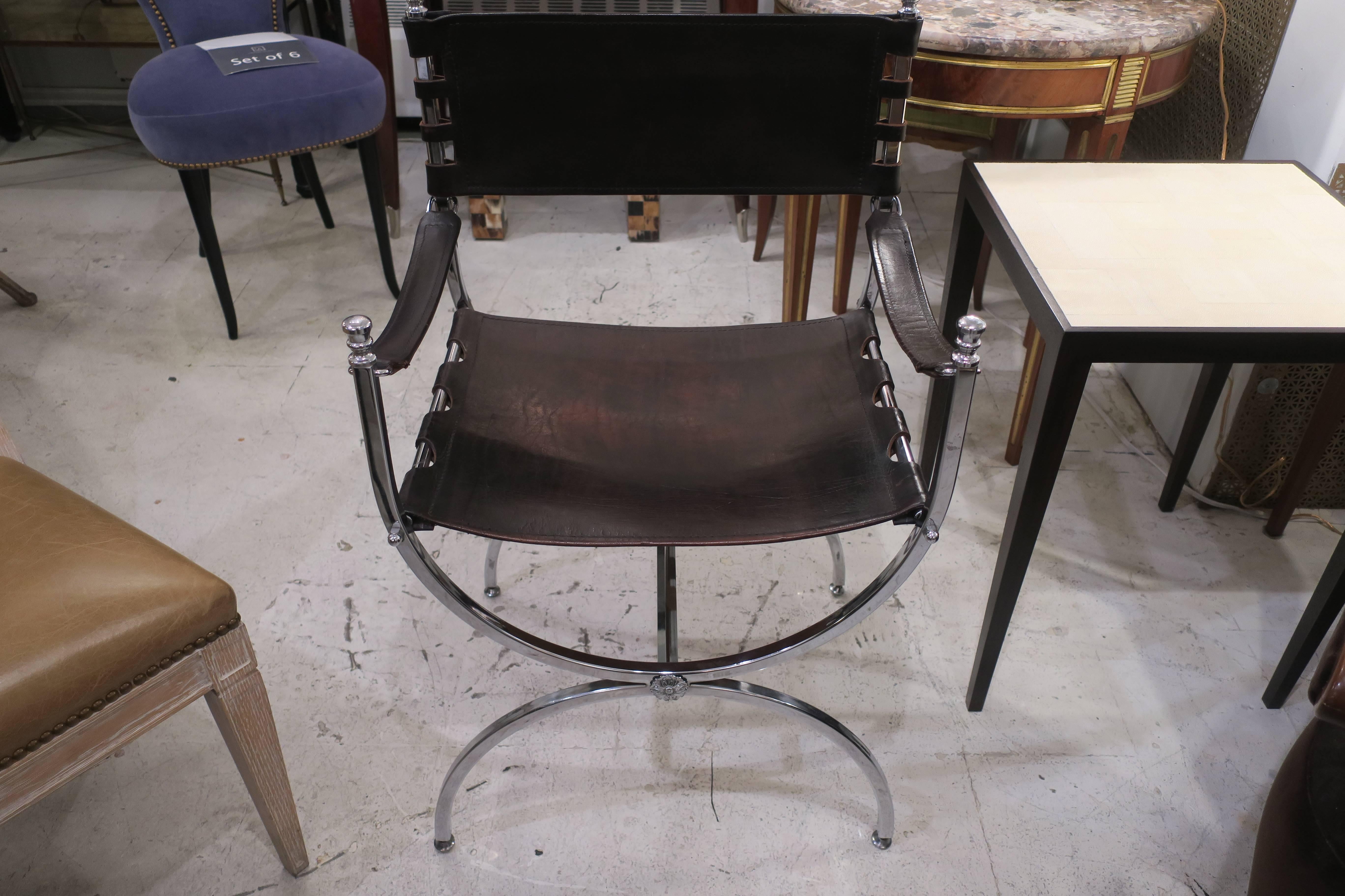 Modern Pair of Chrome and Leather Directors Chairs Attributed to Maison Jansen