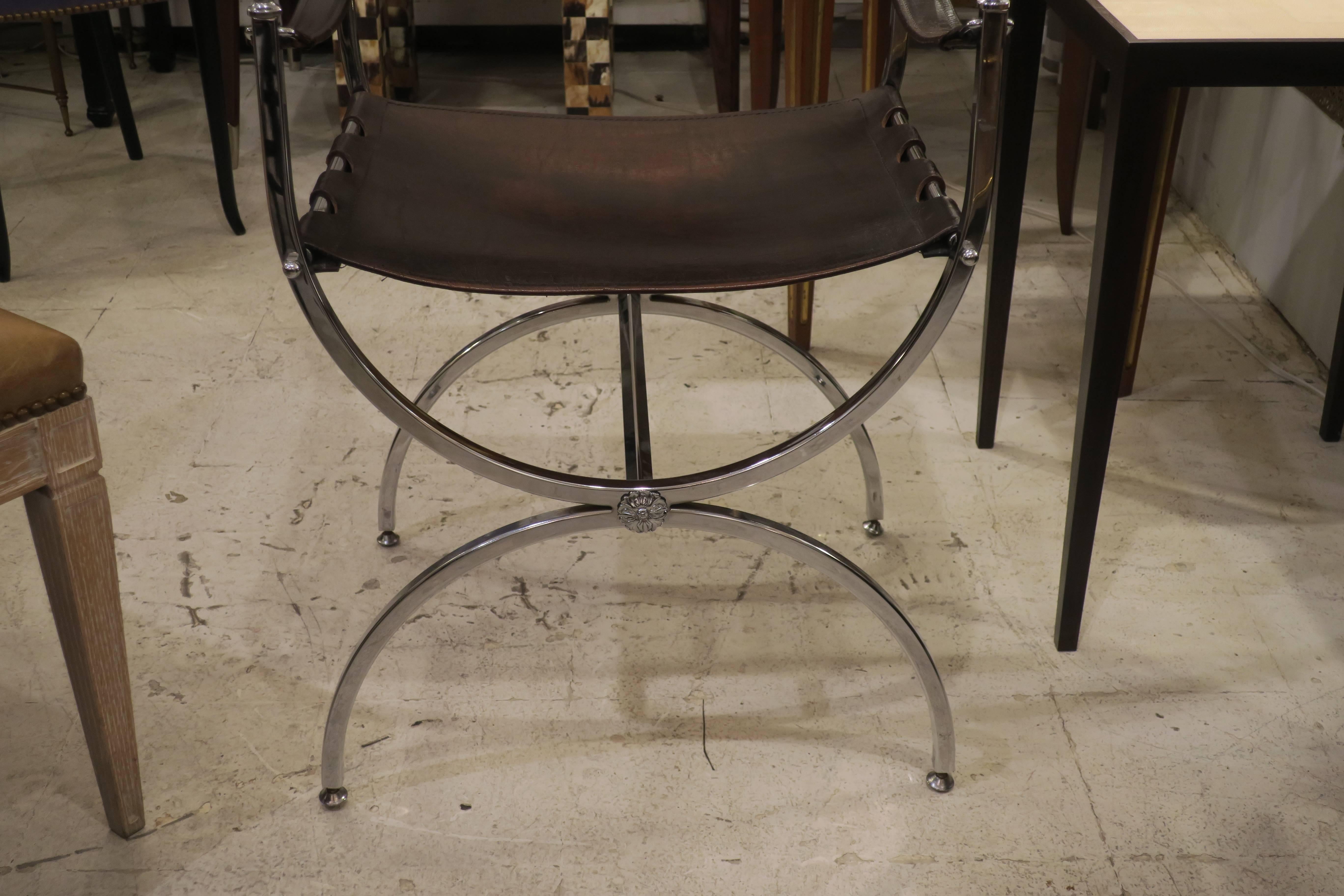 French Pair of Chrome and Leather Directors Chairs Attributed to Maison Jansen