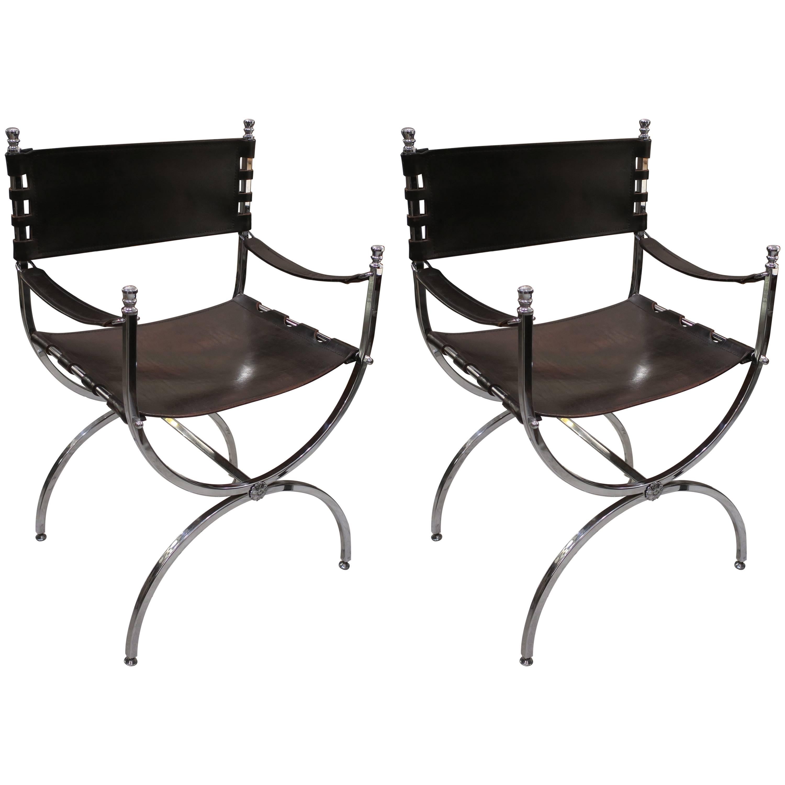 Pair of Chrome and Leather Directors Chairs Attributed to Maison Jansen