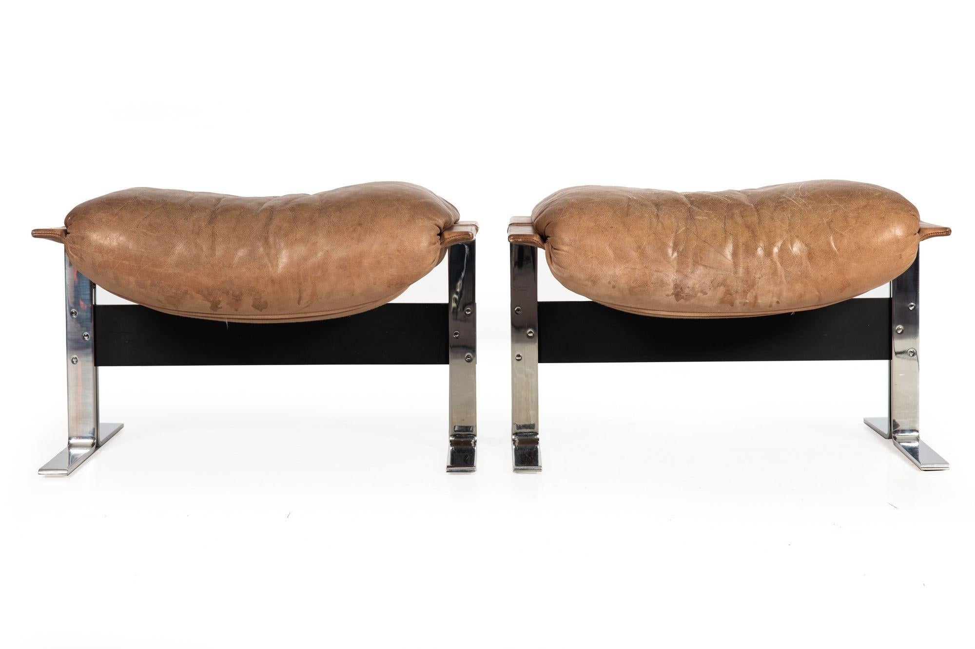 Pair of Chrome and Leather Lounge Chairs with Ottomans by Richard Hersberger 1