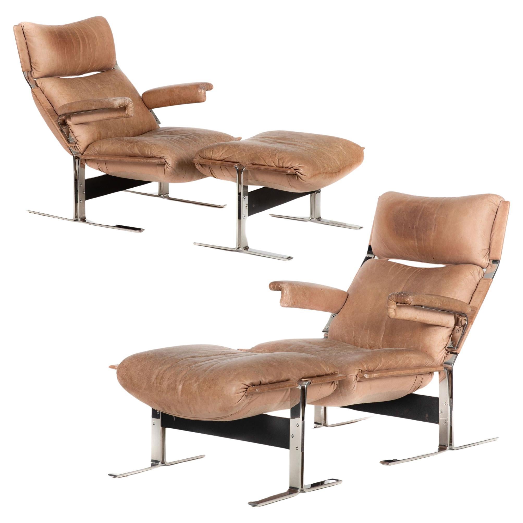 Pair of Chrome and Leather Lounge Chairs with Ottomans by Richard Hersberger For Sale