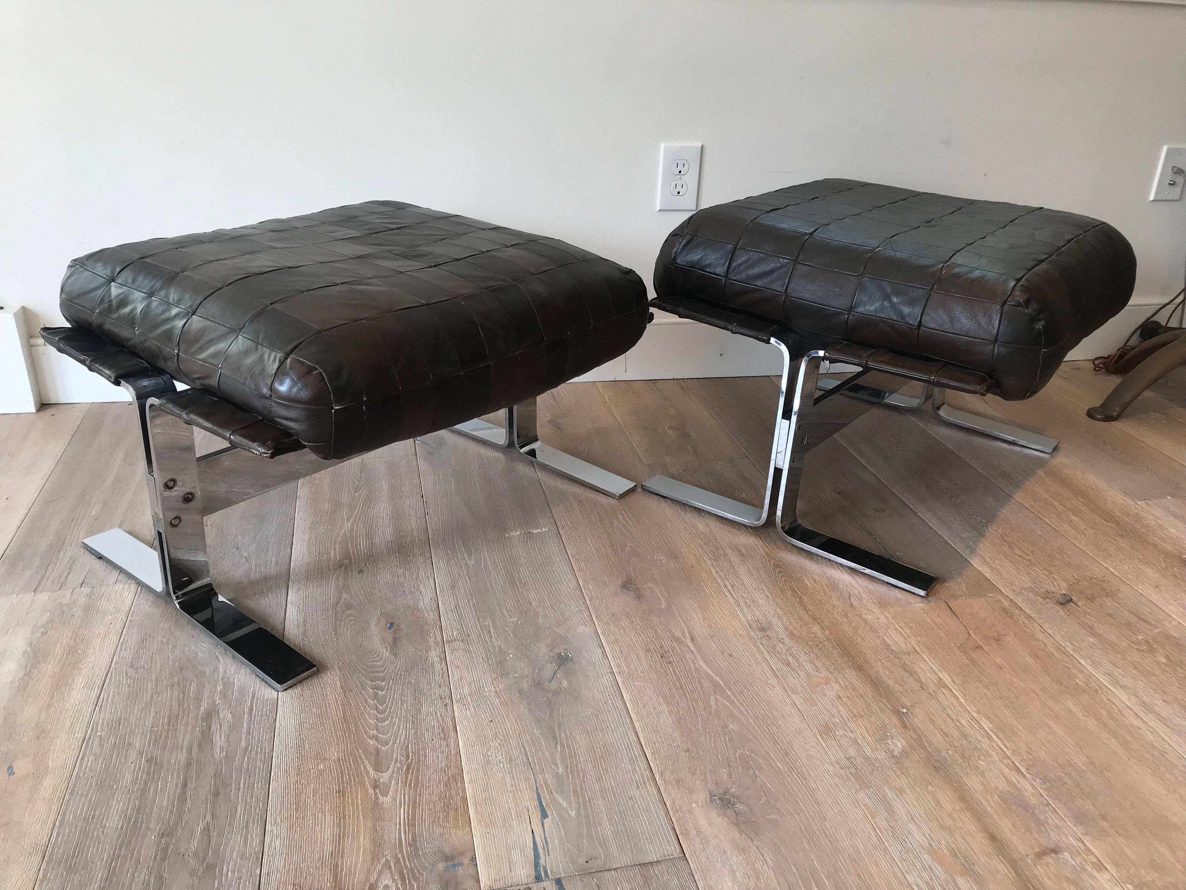 Mid-Century Modern Pair of Chrome and Leather Ottomans by Kipp Stewart for Pace