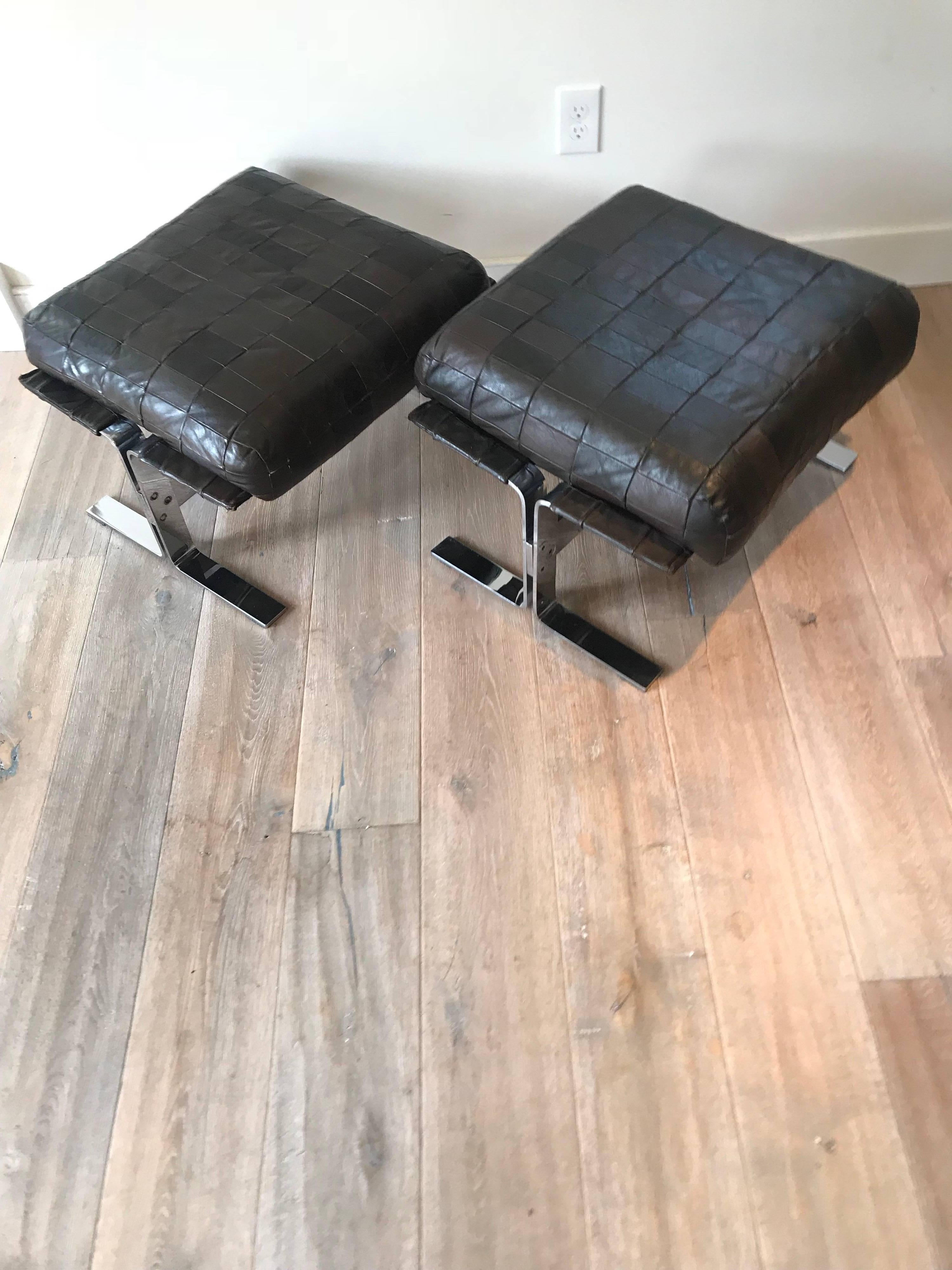 American Pair of Chrome and Leather Ottomans by Kipp Stewart for Pace