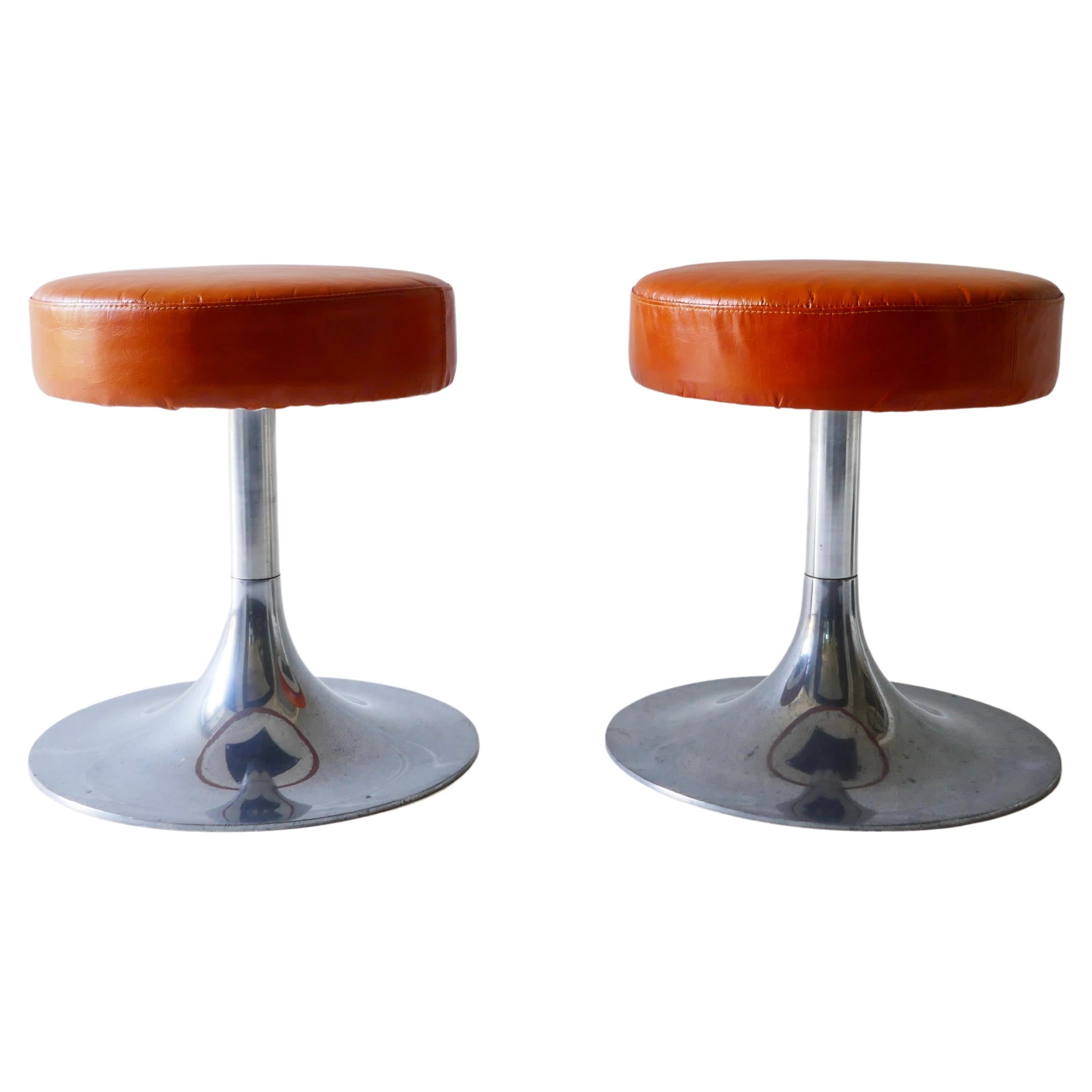 Pair of Chrome and Leather Stools, Italy 1970s