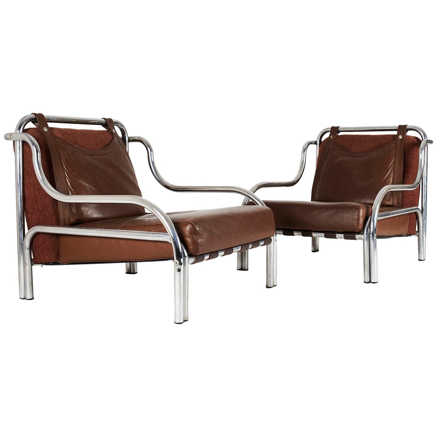 Pair of Chrome and Leather "Stringa" Armchairs by Gae Aulenti, 1972
