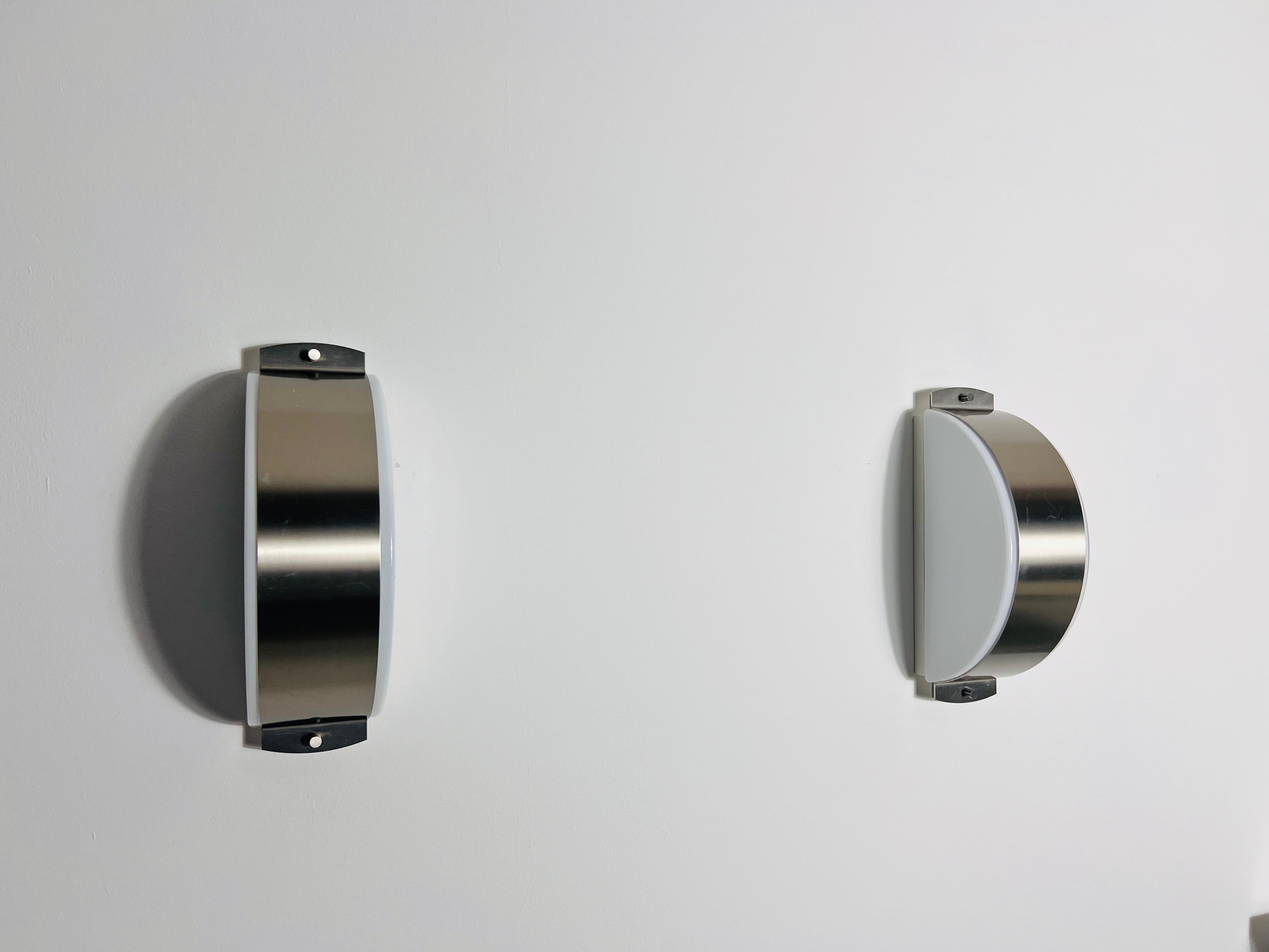 Pair of Chrome and Opaline Glass Wall Lamps by Glashütte Limburg, 1960s For Sale 1