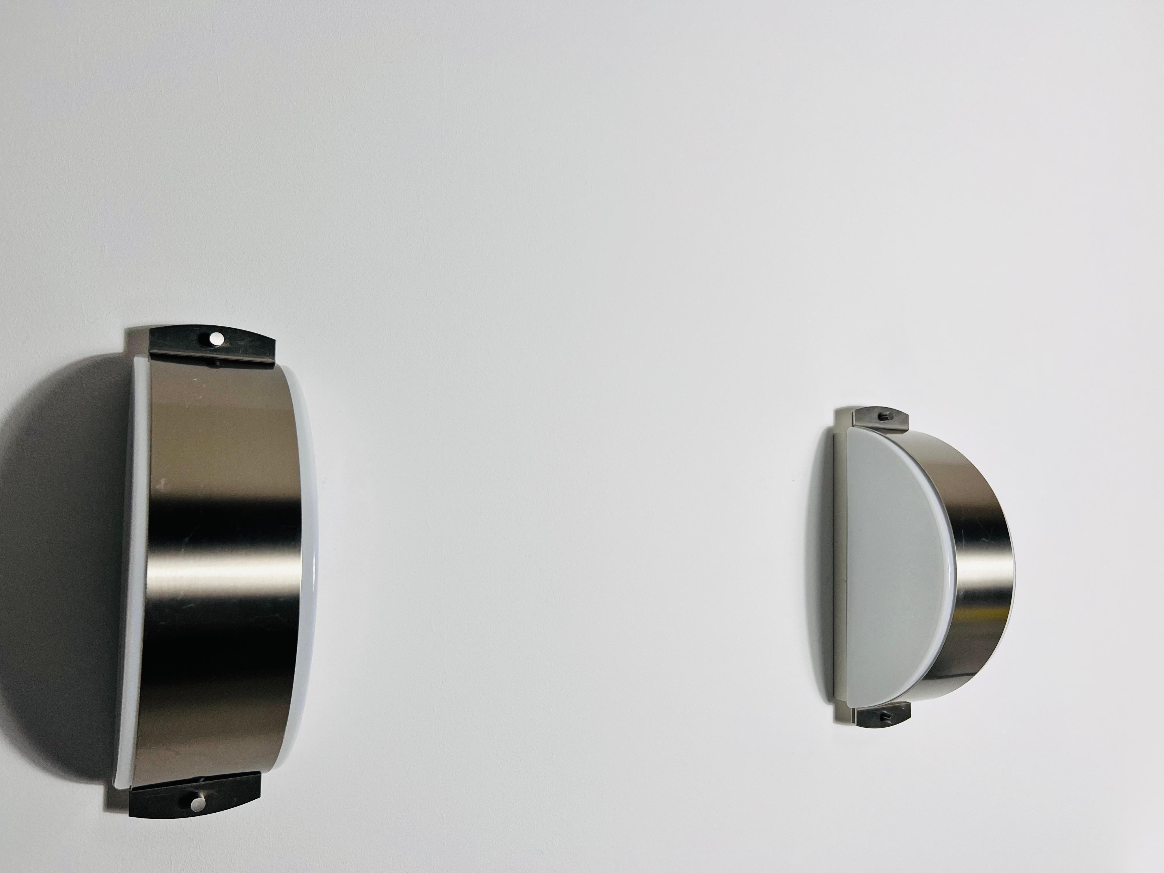 Pair of Chrome and Opaline Glass Wall Lamps by Glashütte Limburg, 1960s For Sale 2