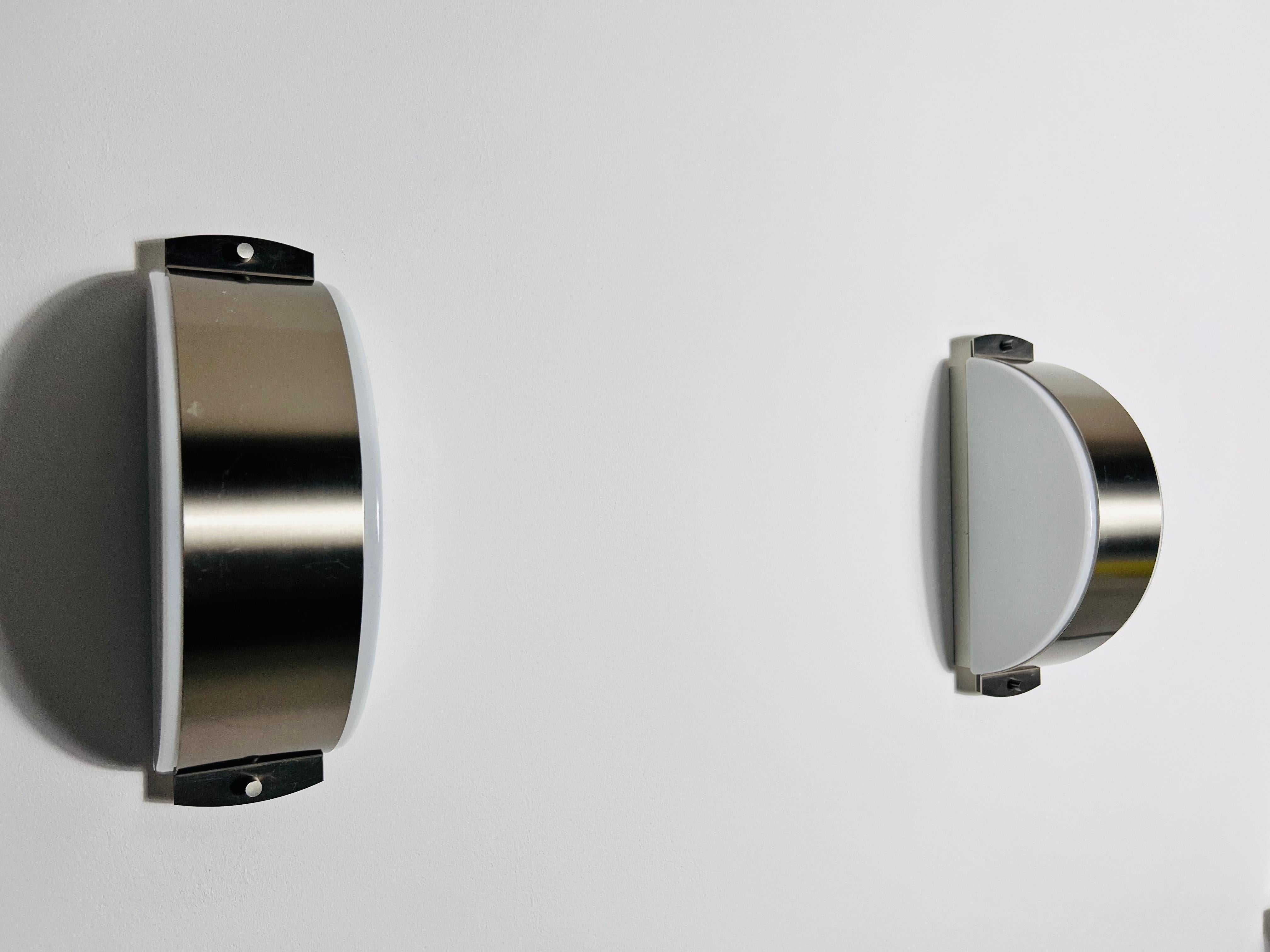 Pair of Chrome and Opaline Glass Wall Lamps by Glashütte Limburg, 1960s For Sale 3