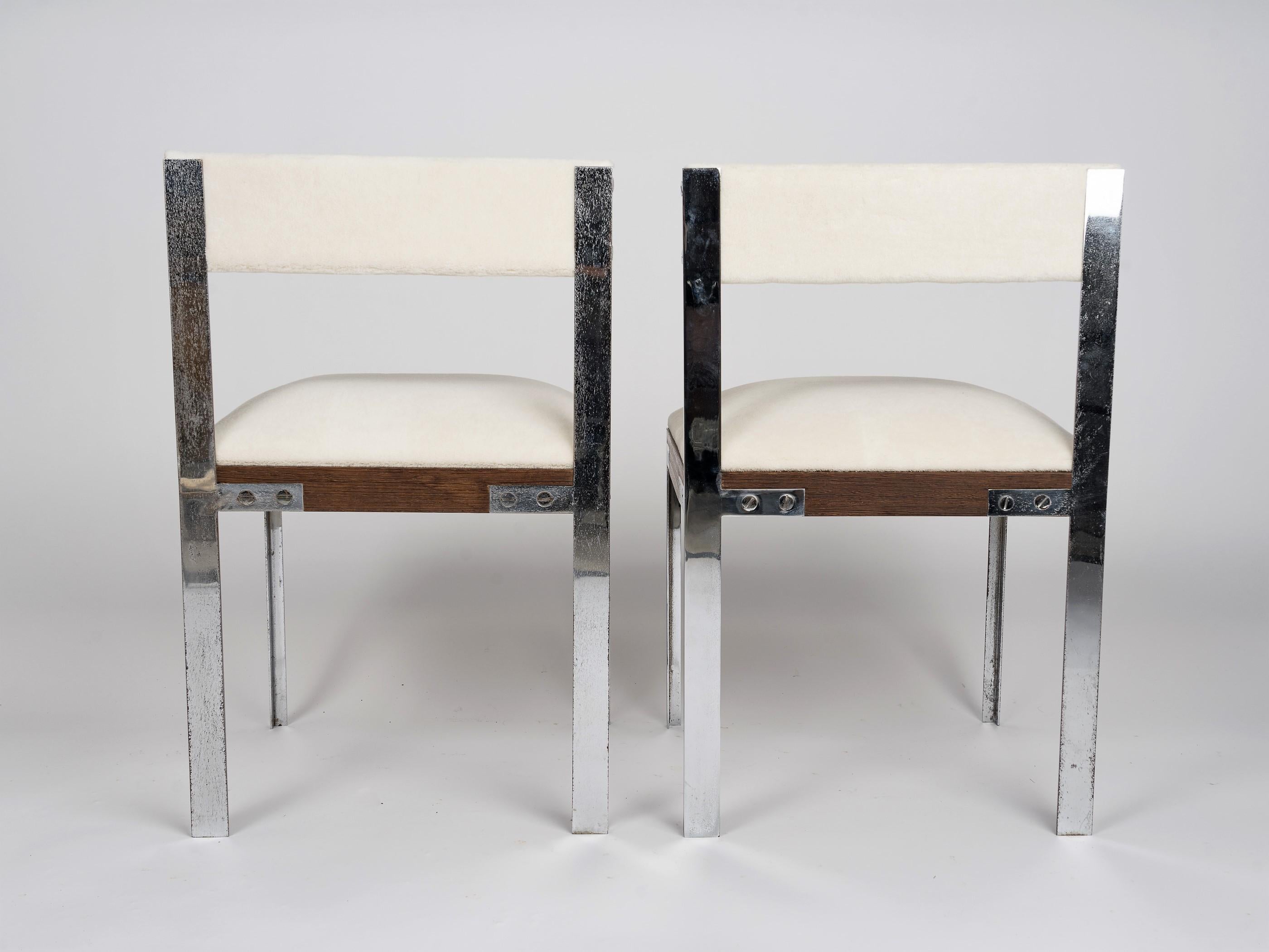 Rarest pair of Hubert Nicolas chairs in Palmwood and chrome. Freshly re-upholstered with Bisson Bruneel Alpaga fabric. Please see pictures and condition comments below.
This item will ship from Paris and can be returned to either France or to a NY
