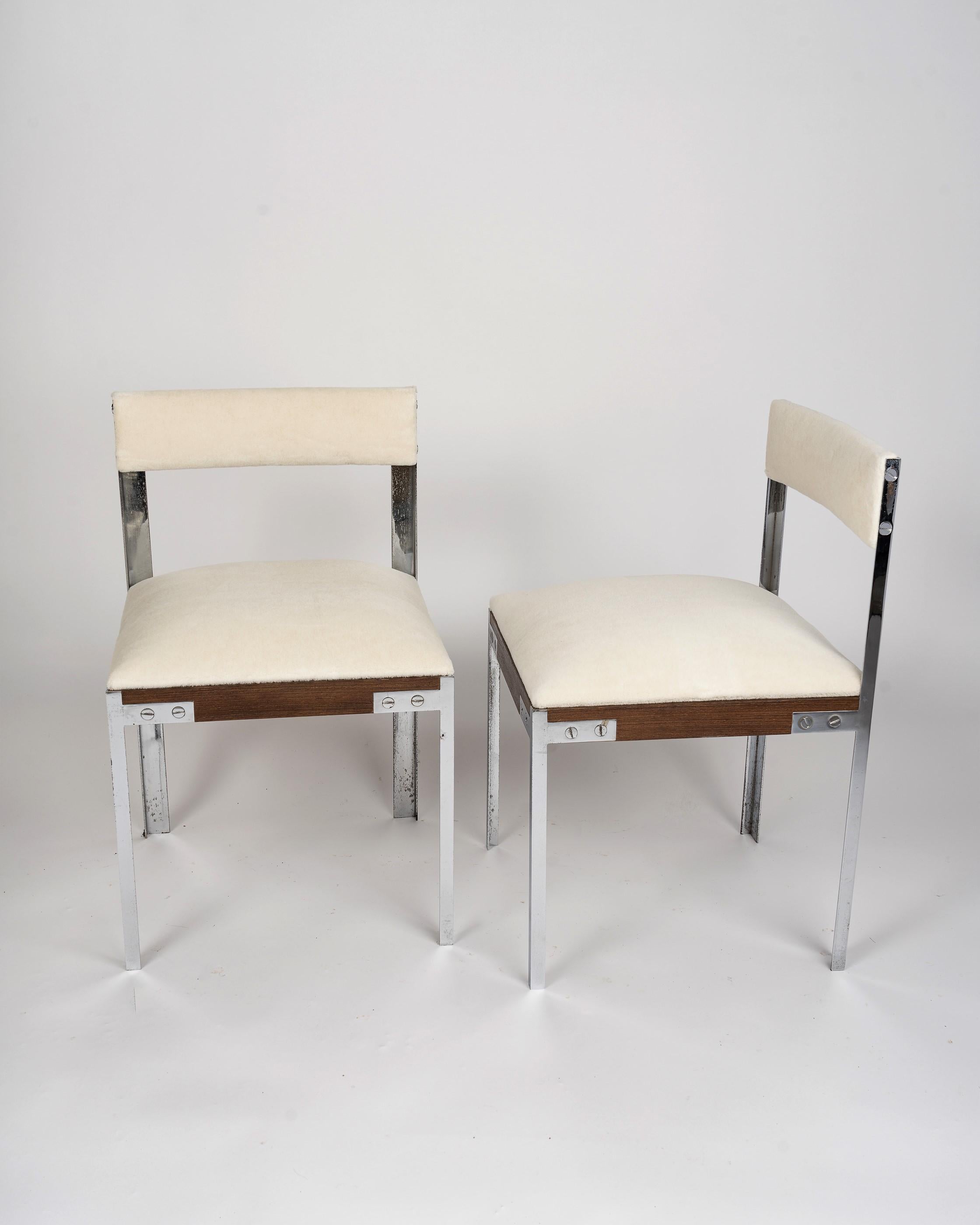 French Pair of Chrome and Palmwood Chairs by Hubert Nicolas, France 1970's For Sale