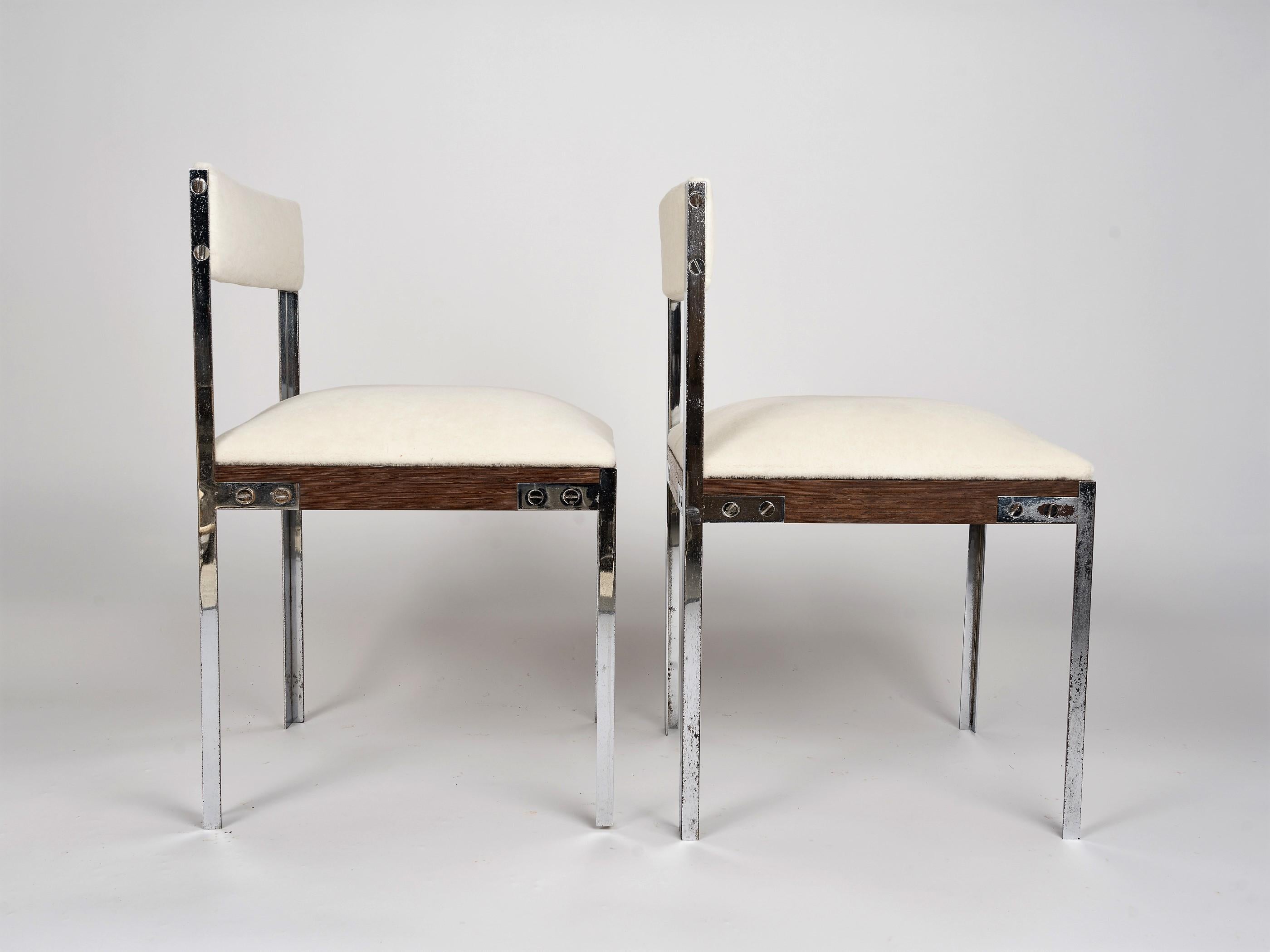 Plated Pair of Chrome and Palmwood Chairs by Hubert Nicolas, France 1970's For Sale