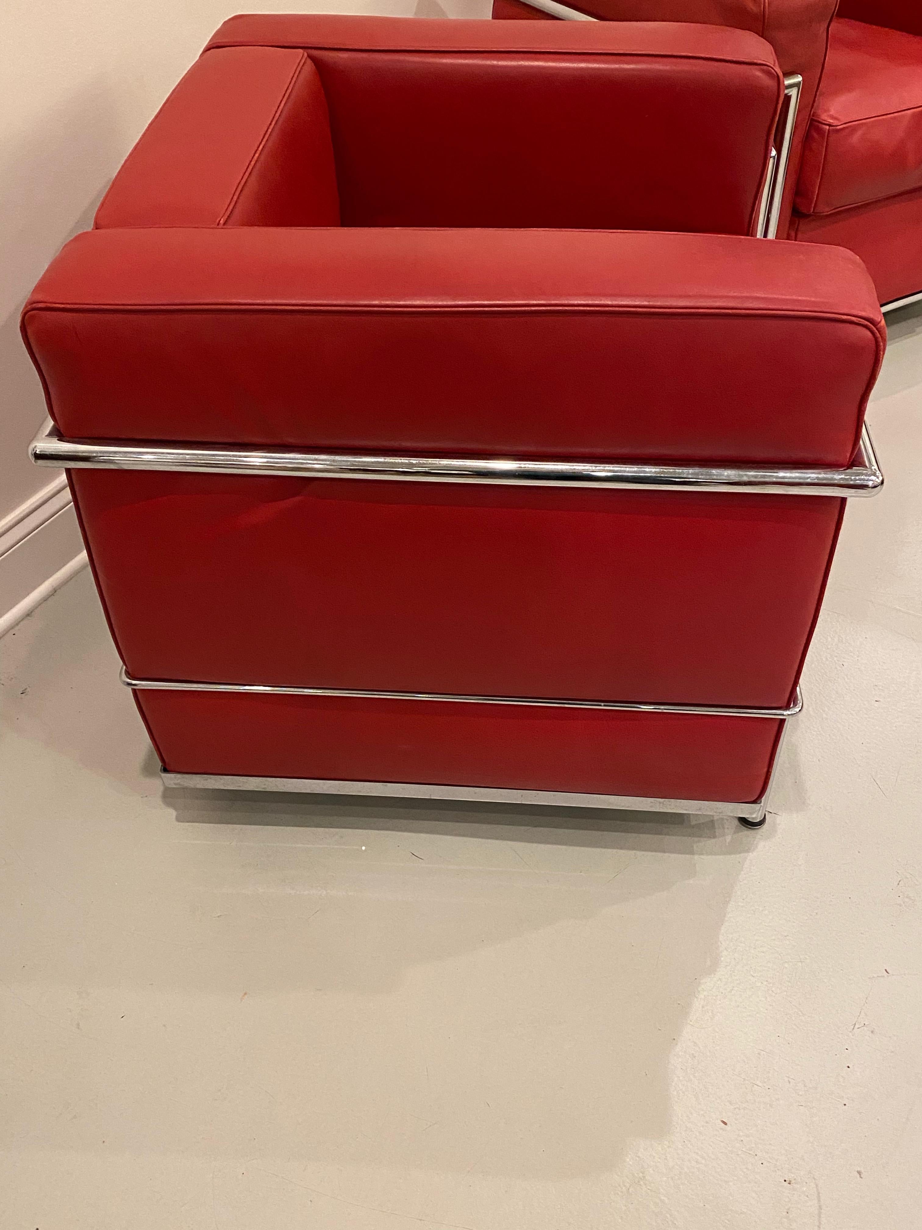 Pair of Chrome and Red Leather Club Chairs in the Style of Le Corbusier For Sale 2