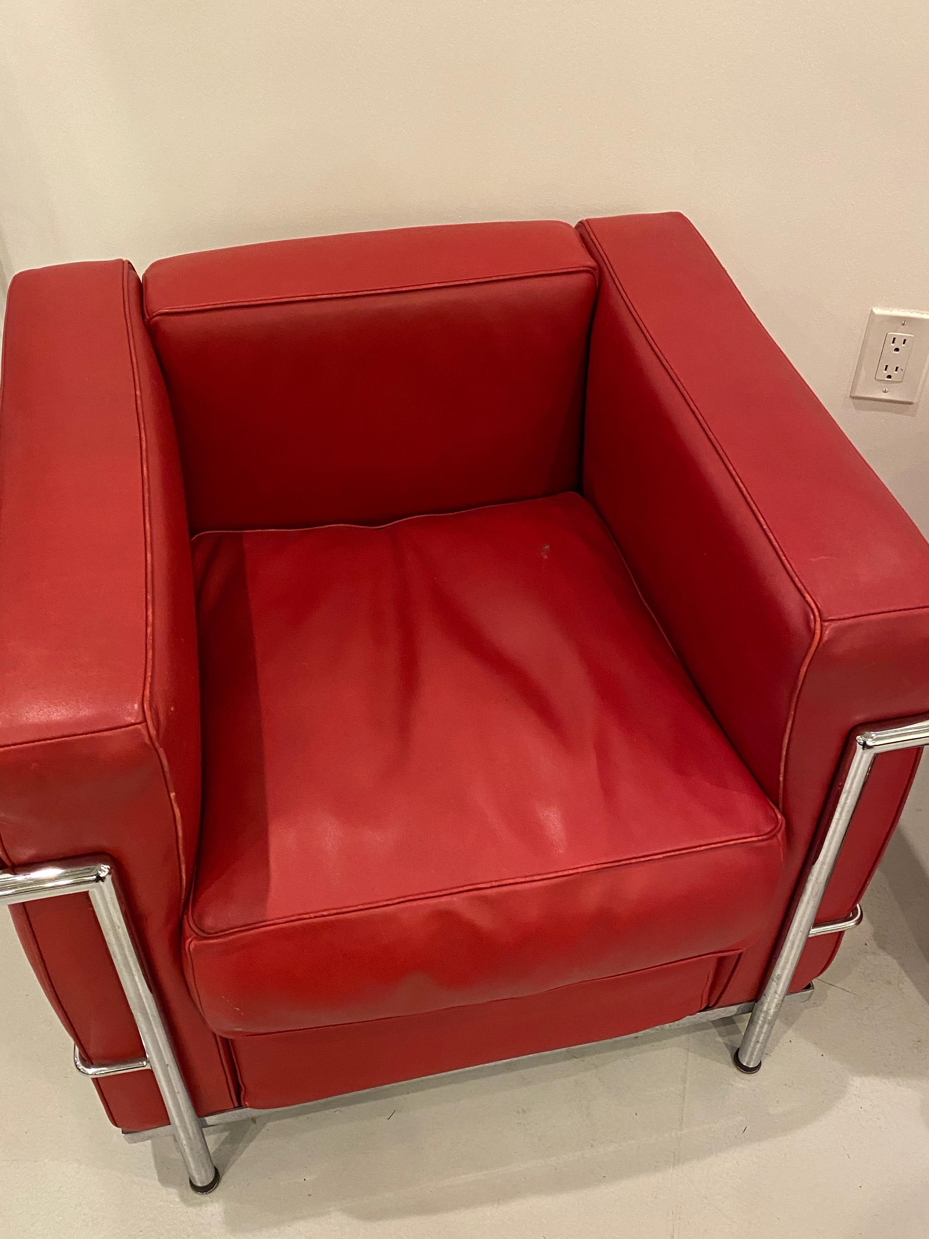 Pair of Chrome and Red Leather Club Chairs in the Style of Le Corbusier For Sale 3