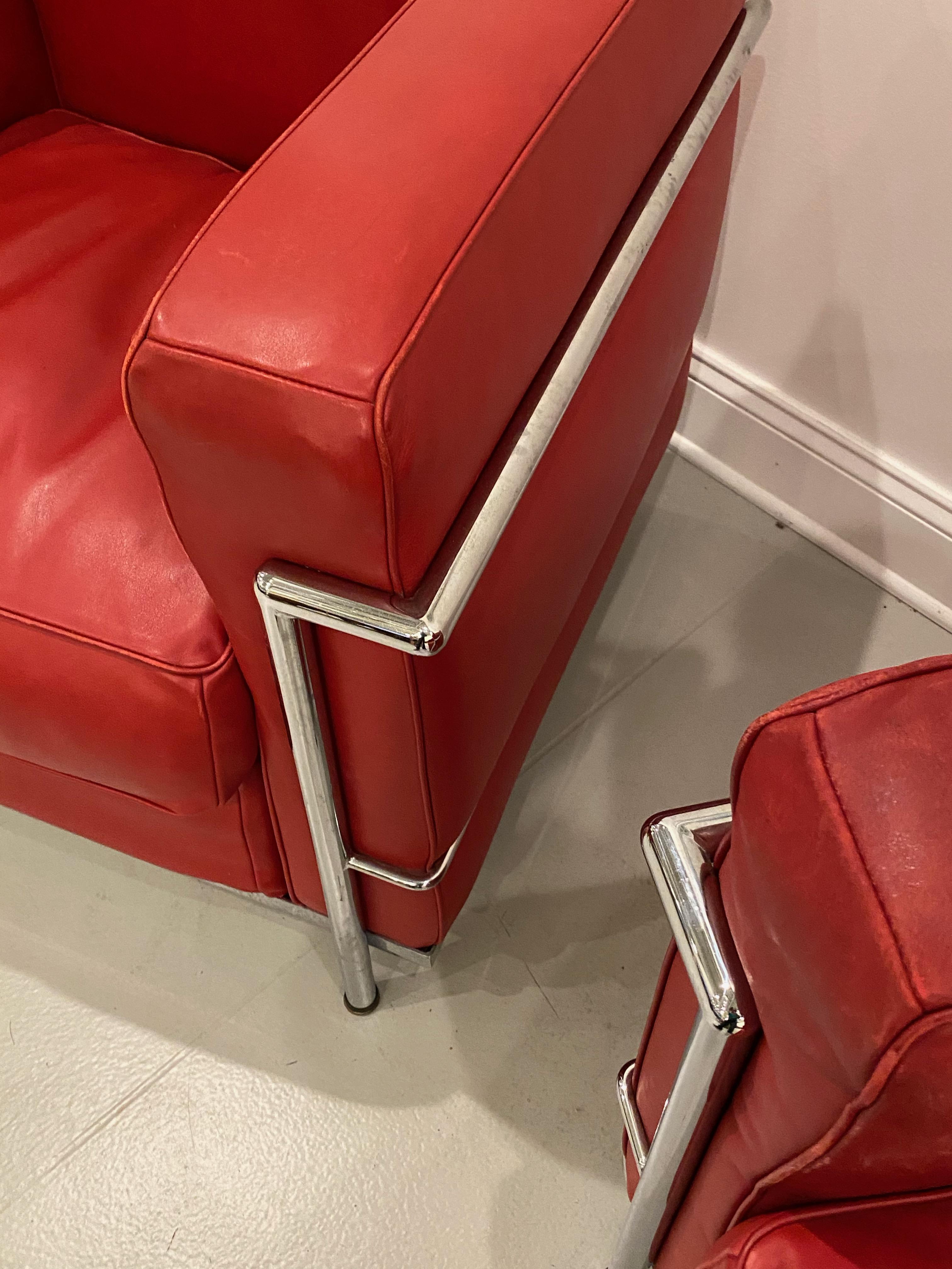 Pair of Chrome and Red Leather Club Chairs in the Style of Le Corbusier For Sale 4