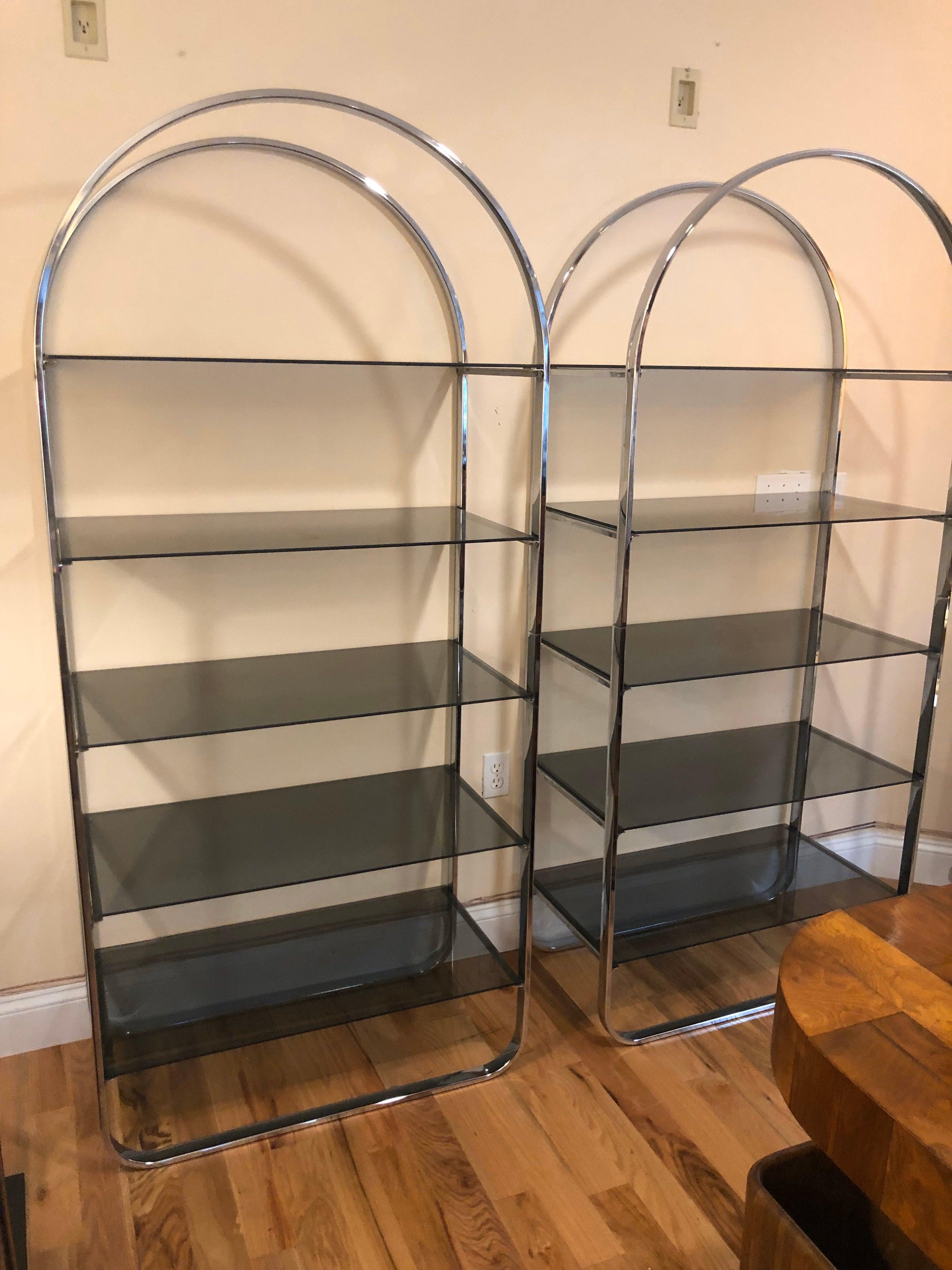 Mid-Century Modern Pair of Chrome and Smoked Glass Étagères For Sale