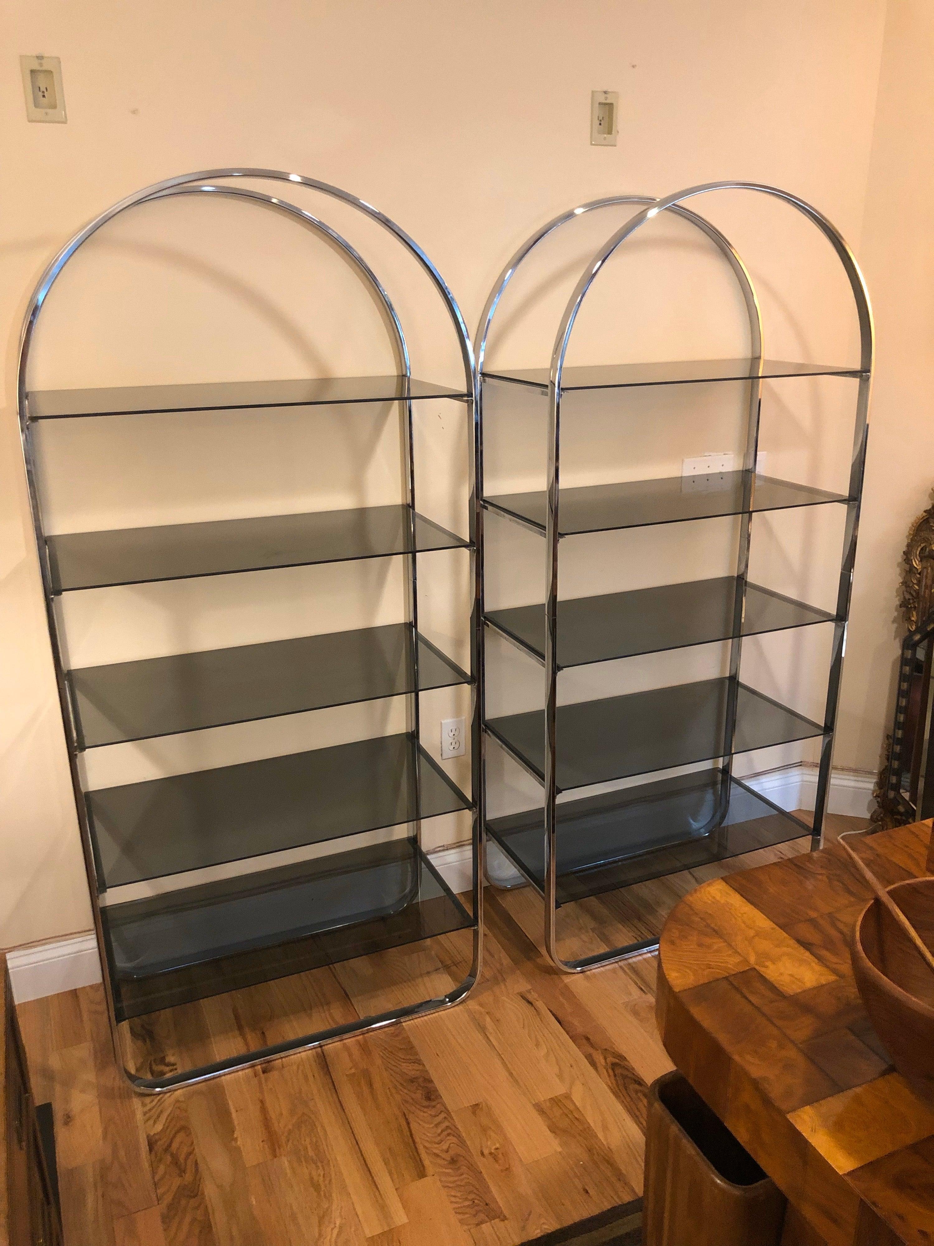 American Pair of Chrome and Smoked Glass Étagères