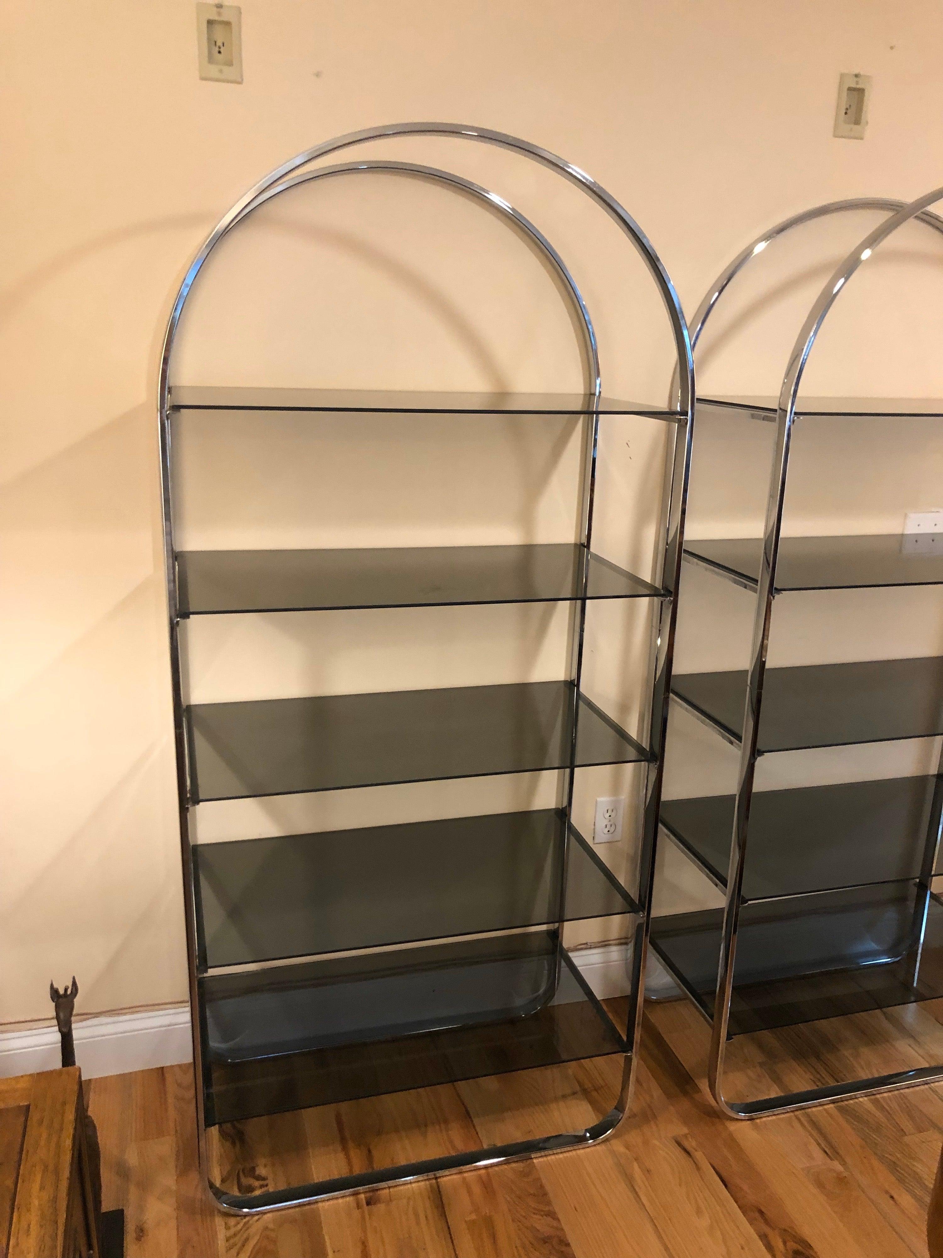 Pair of Chrome and Smoked Glass Étagères In Good Condition For Sale In Redding, CT