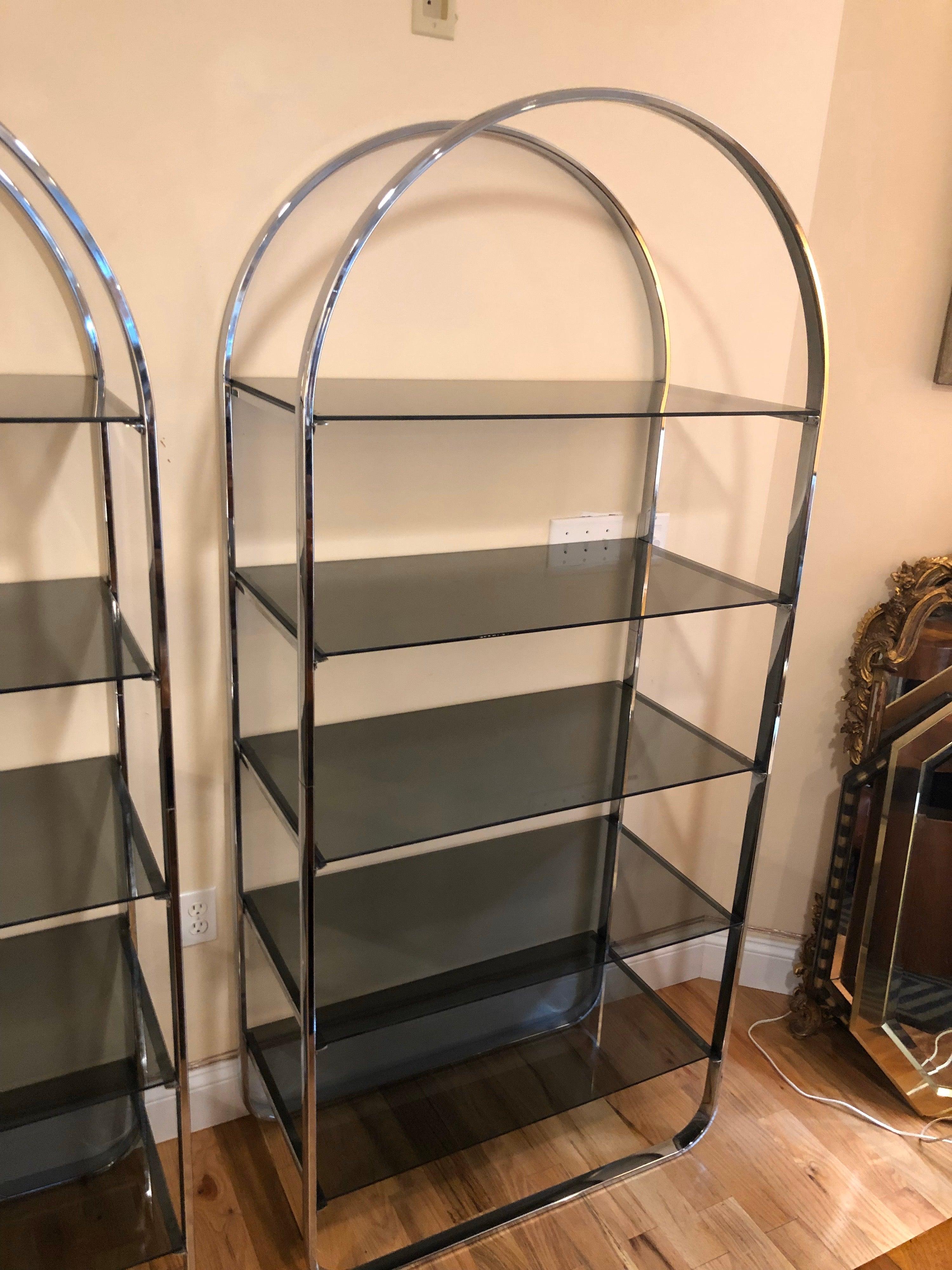 Late 20th Century Pair of Chrome and Smoked Glass Étagères For Sale