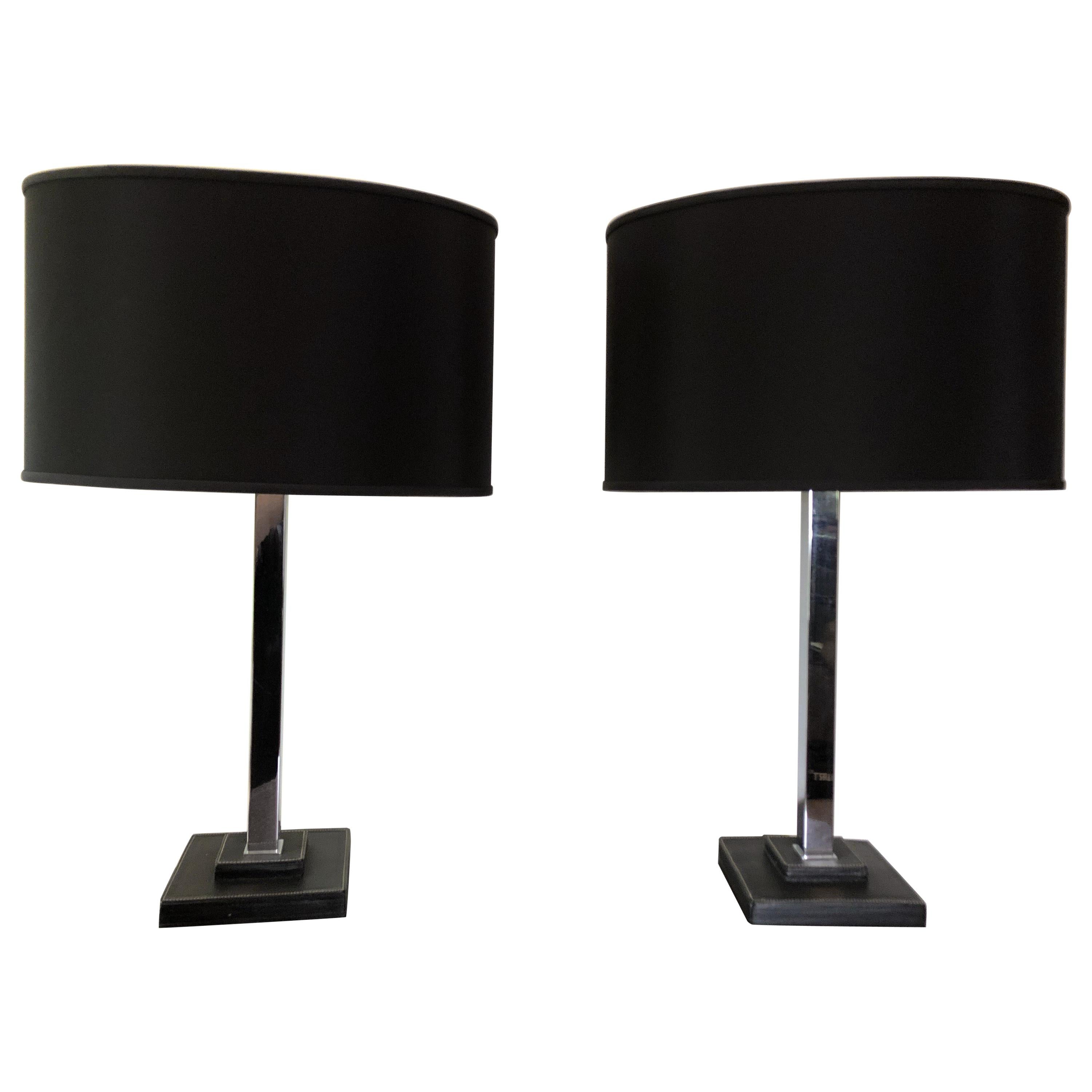 Pair of Chrome and Stitched Leather Table Lamps by Nessen