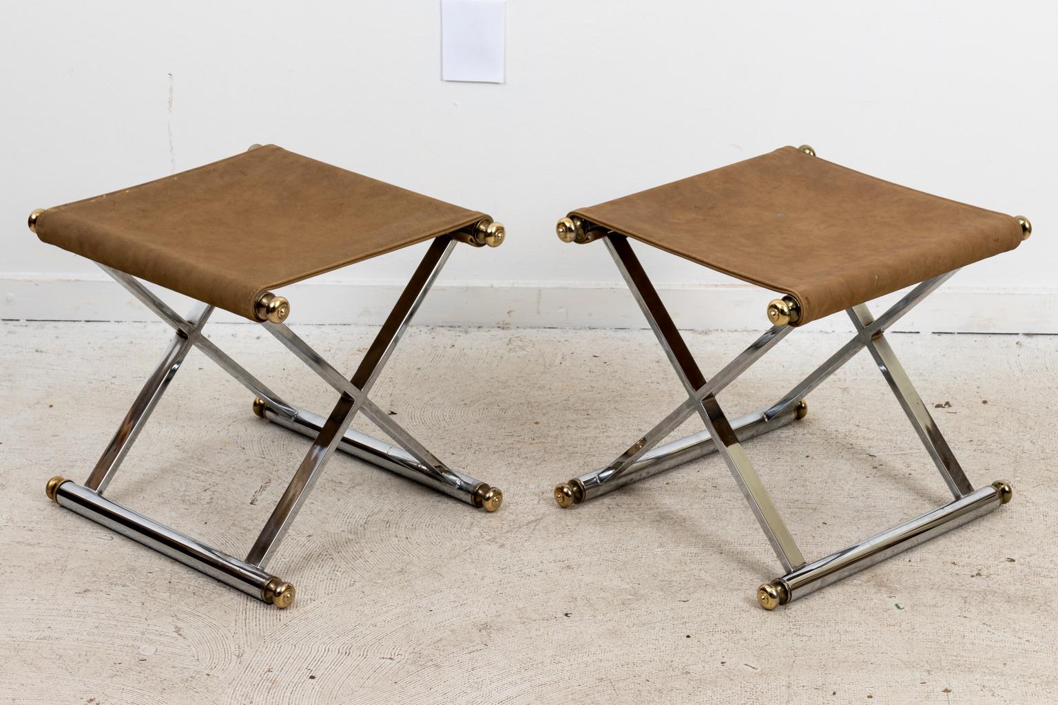 Brass Pair of Chrome and Suede X-Frame Benches