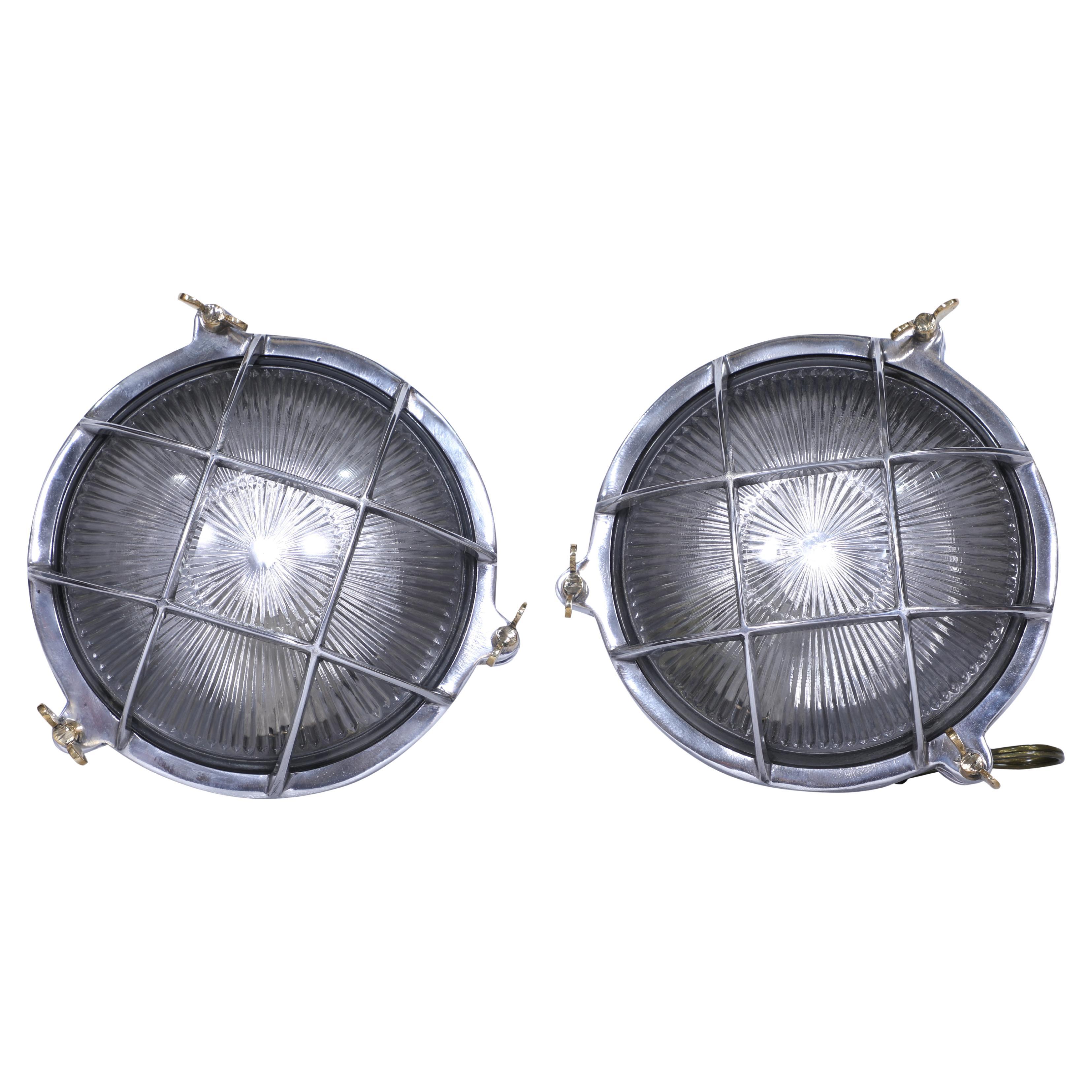 Pair of Chrome and Textured Glass Ship's Passageway Nautical Wall Lights For Sale