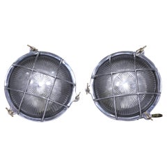 Used Pair of Chrome and Textured Glass Ship's Passageway Nautical Wall Lights