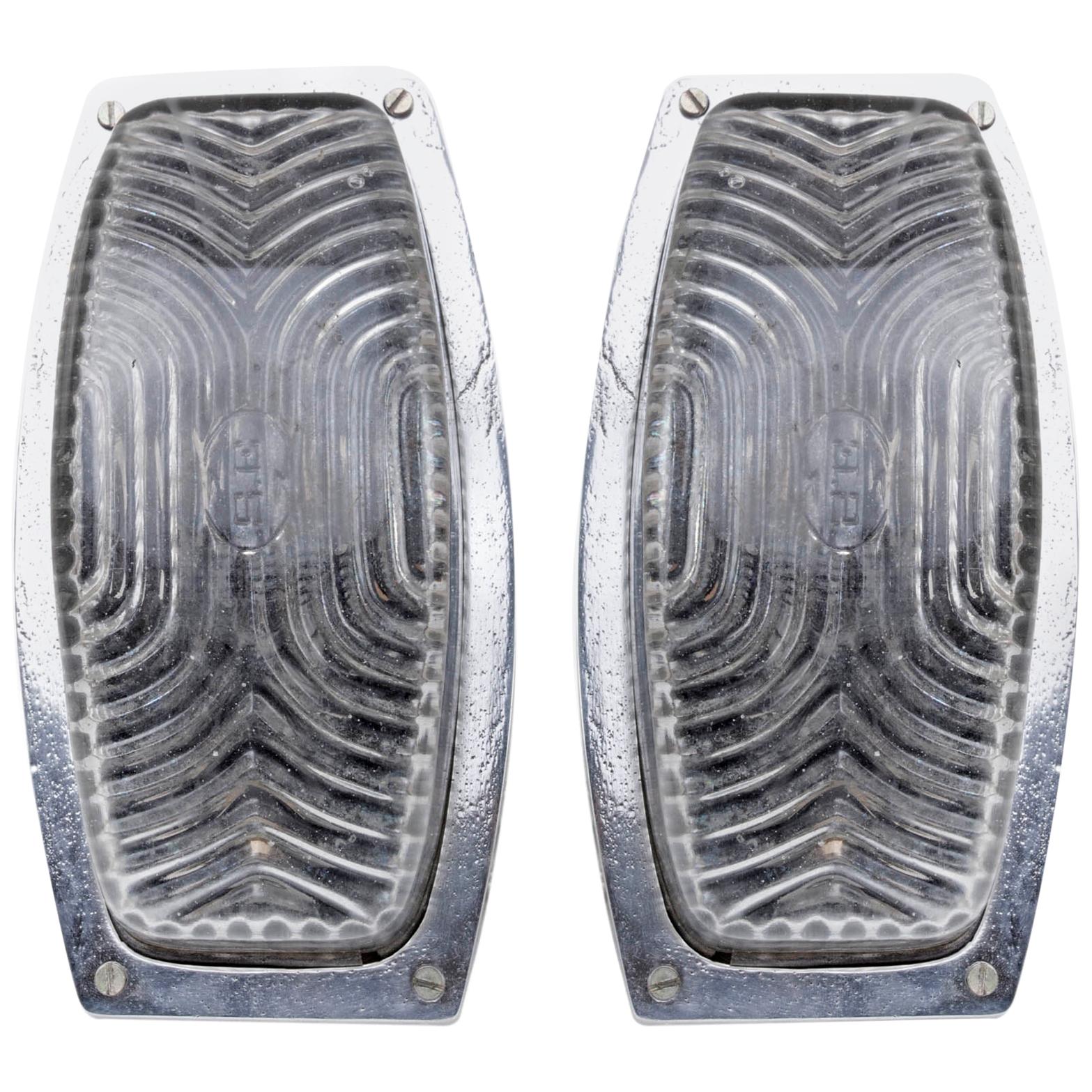 Pair of Chrome and Textured Glass Ship's Sconces