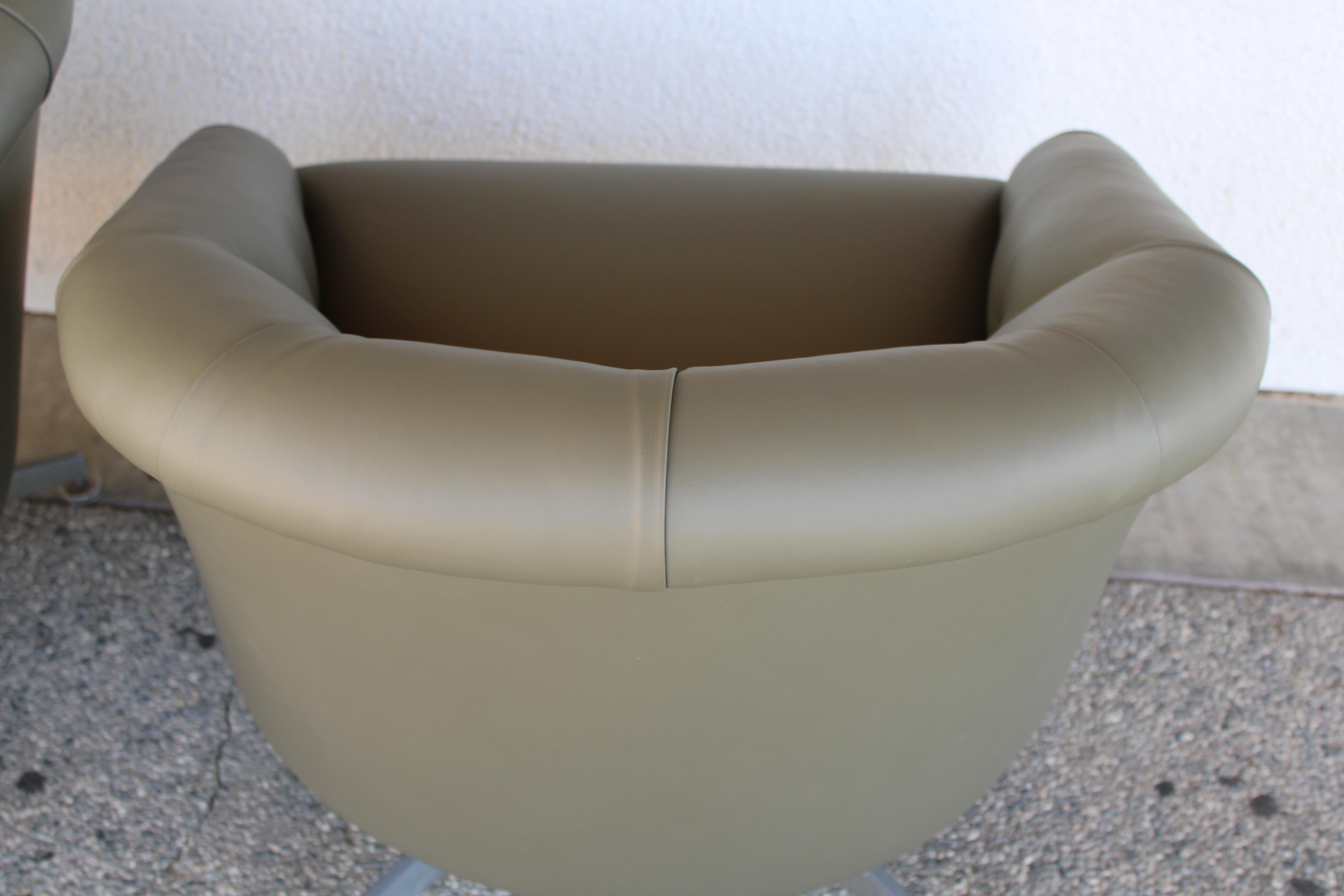 Pair of Chrome and Tufted Leather Swivel Tub Lounge / Armchairs by Ward Bennett 3