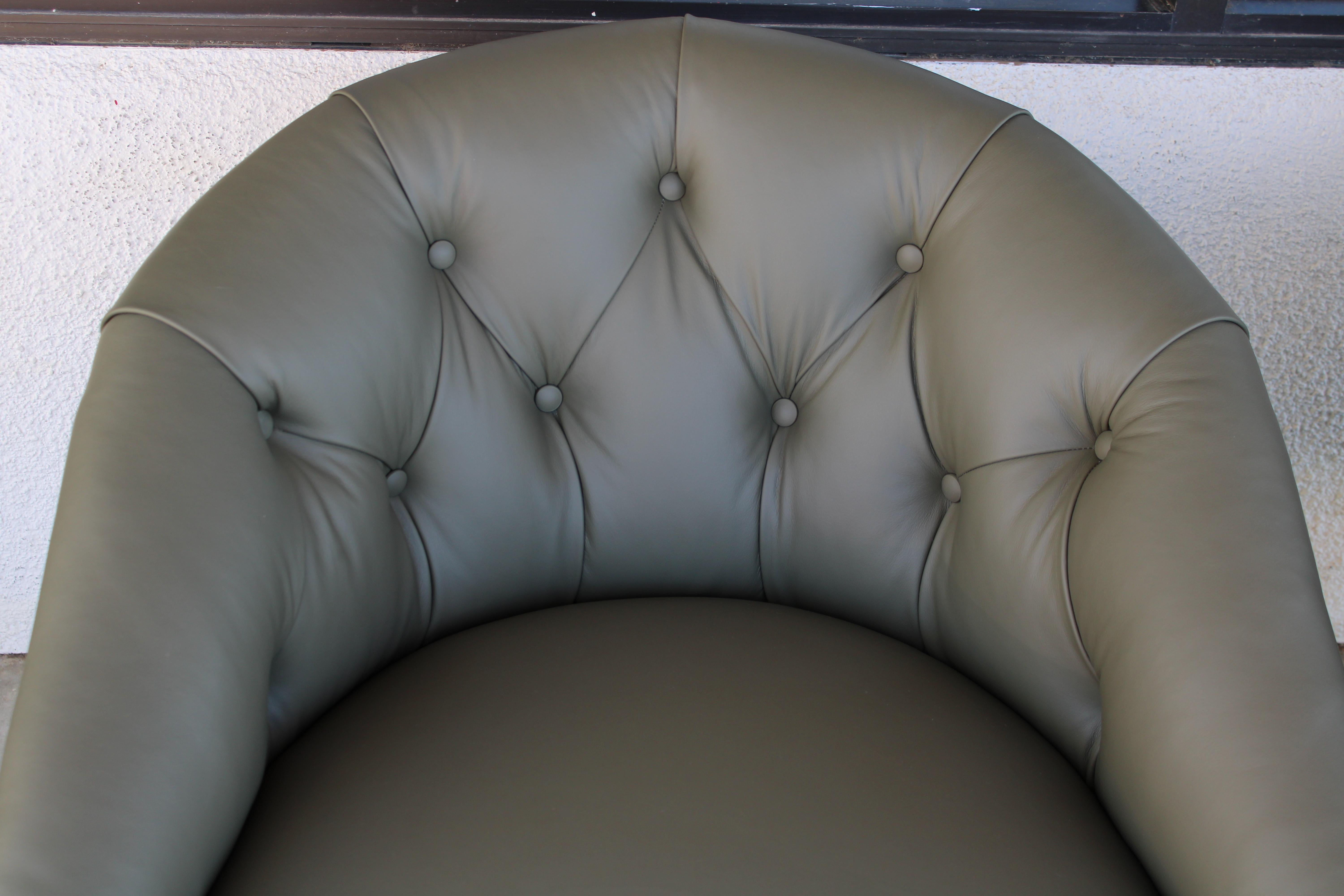 Pair of Chrome and Tufted Leather Swivel Tub Lounge / Armchairs by Ward Bennett 1