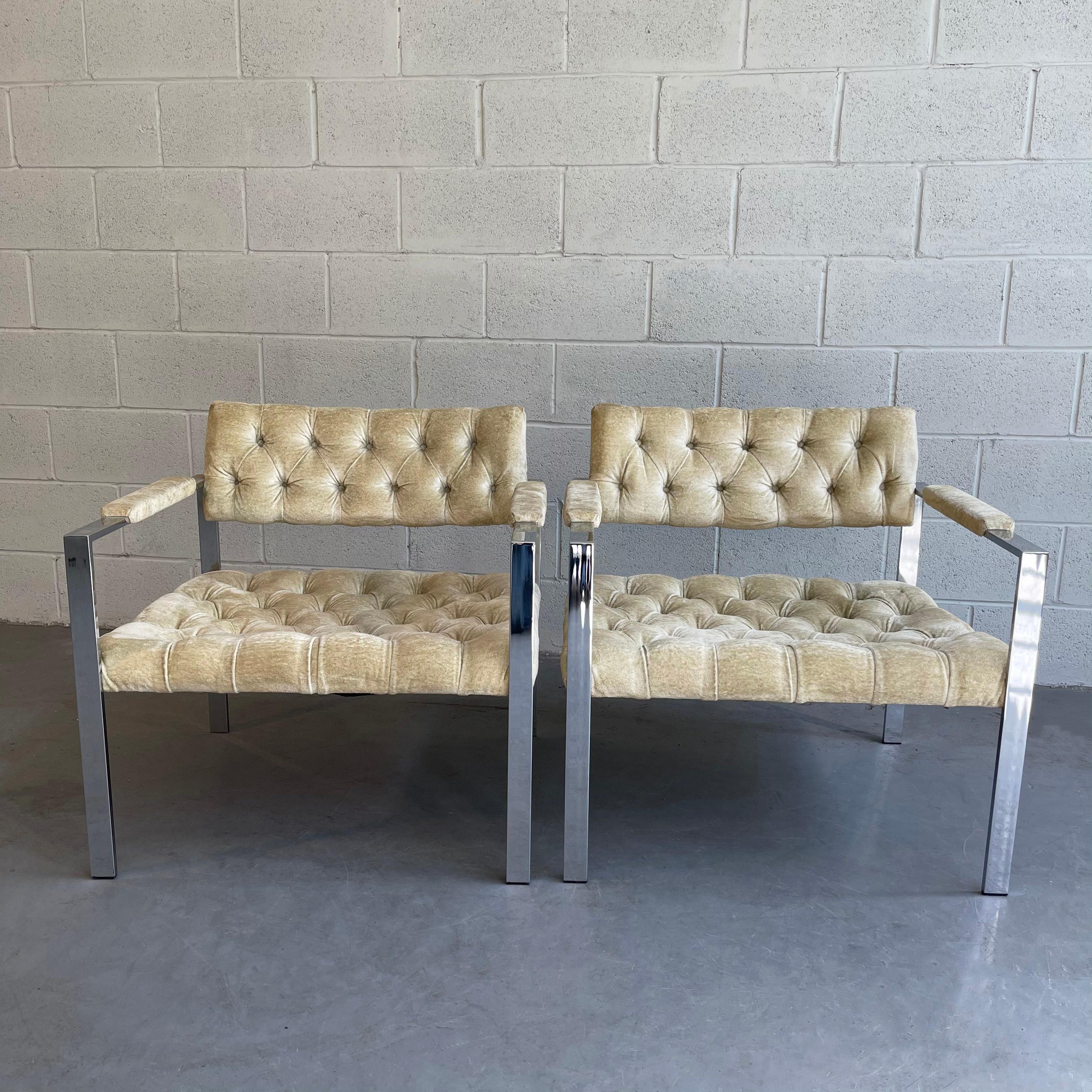 Pair of Chrome and Velvet Lounge Chairs by Erwin-Lambeth 4