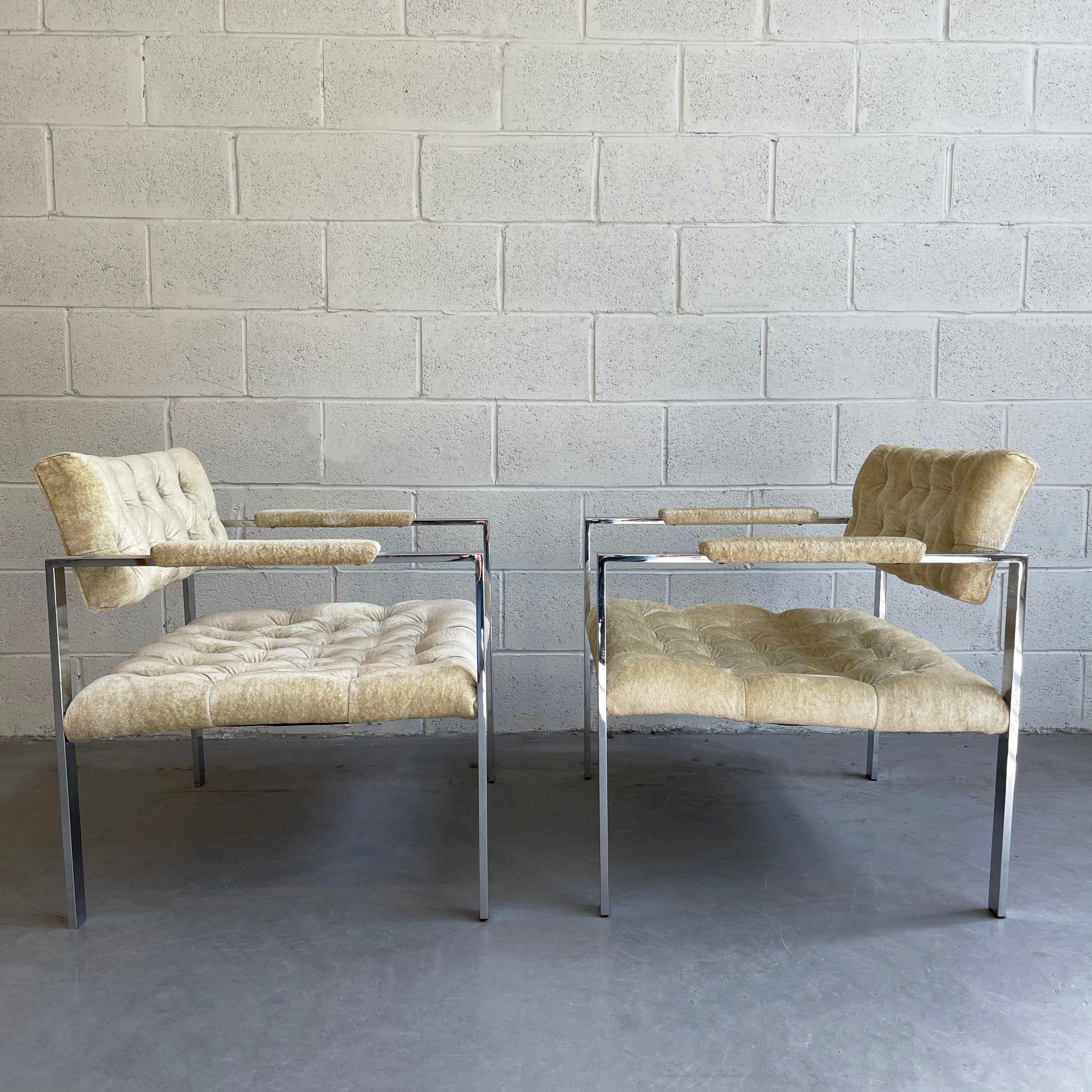 Pair of Mid-Century Modern, flat bar, chrome lounge chairs upholstered in tufted, pale celery, champagne velvet by Erwin-Lambeth in the manner of Milo Baughman.