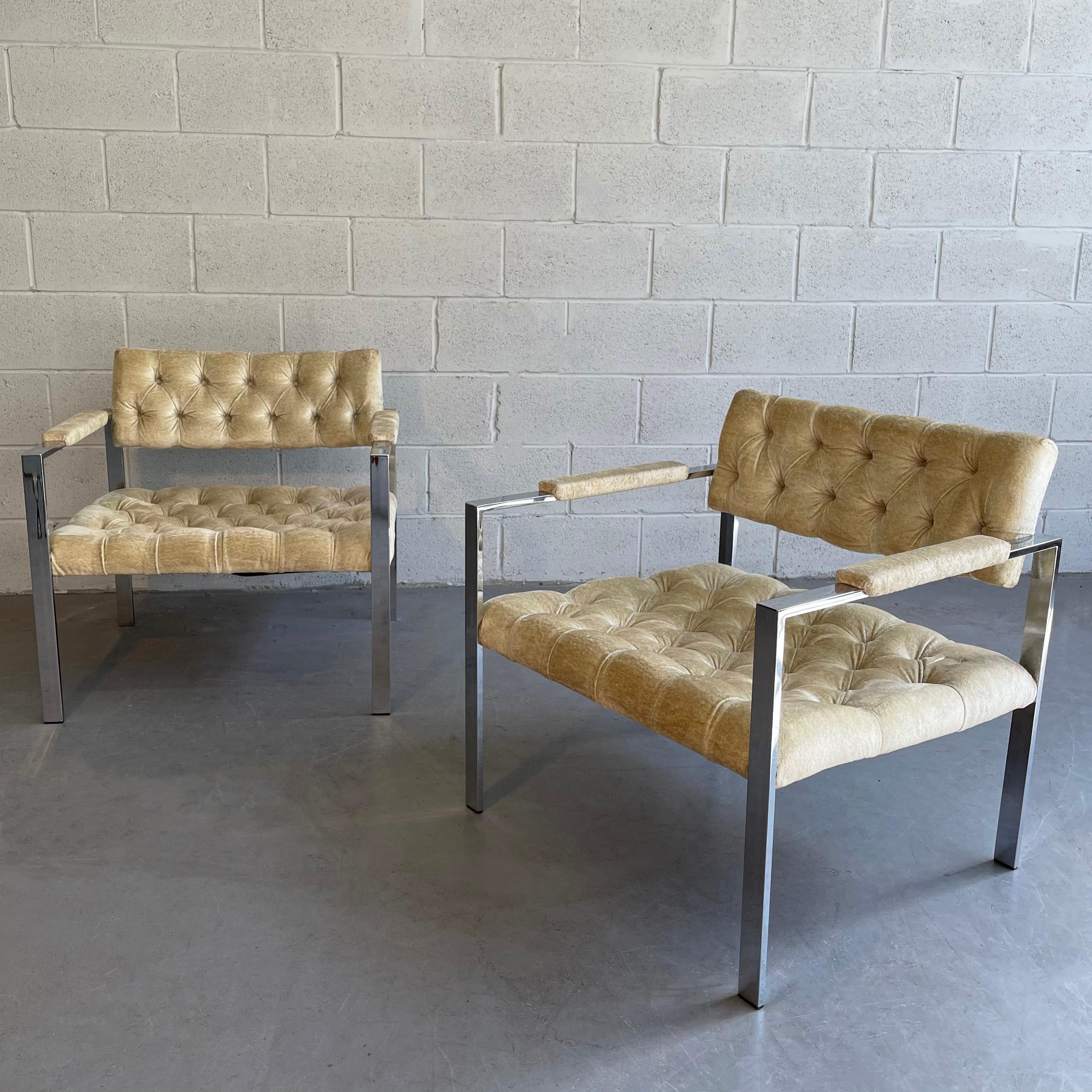 Mid-Century Modern Pair of Chrome and Velvet Lounge Chairs by Erwin-Lambeth