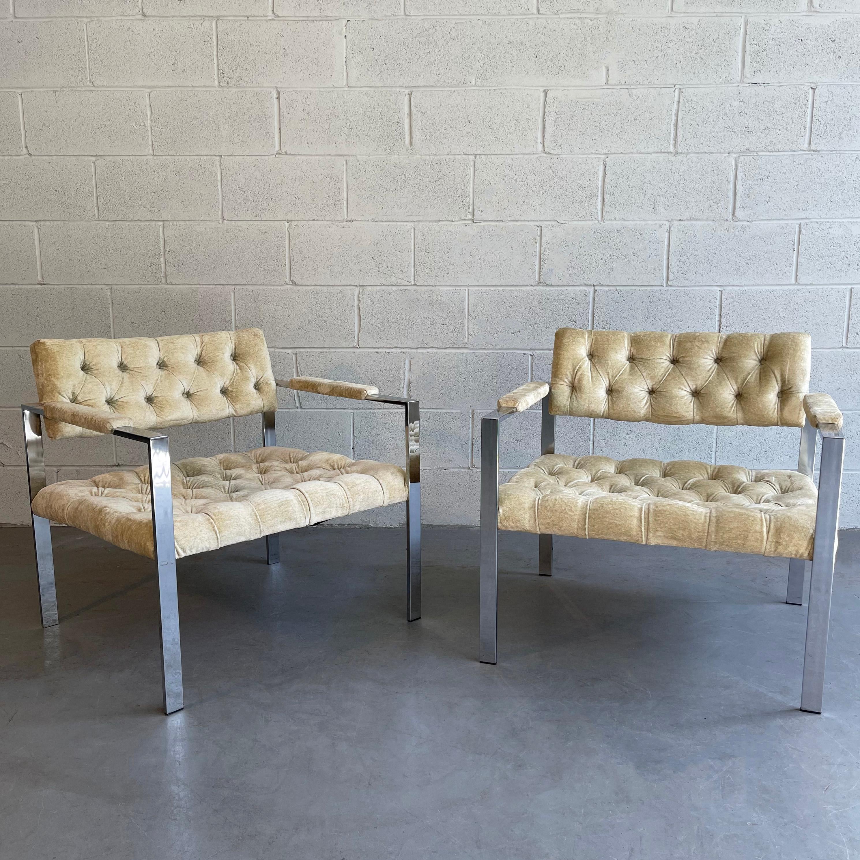 American Pair of Chrome and Velvet Lounge Chairs by Erwin-Lambeth
