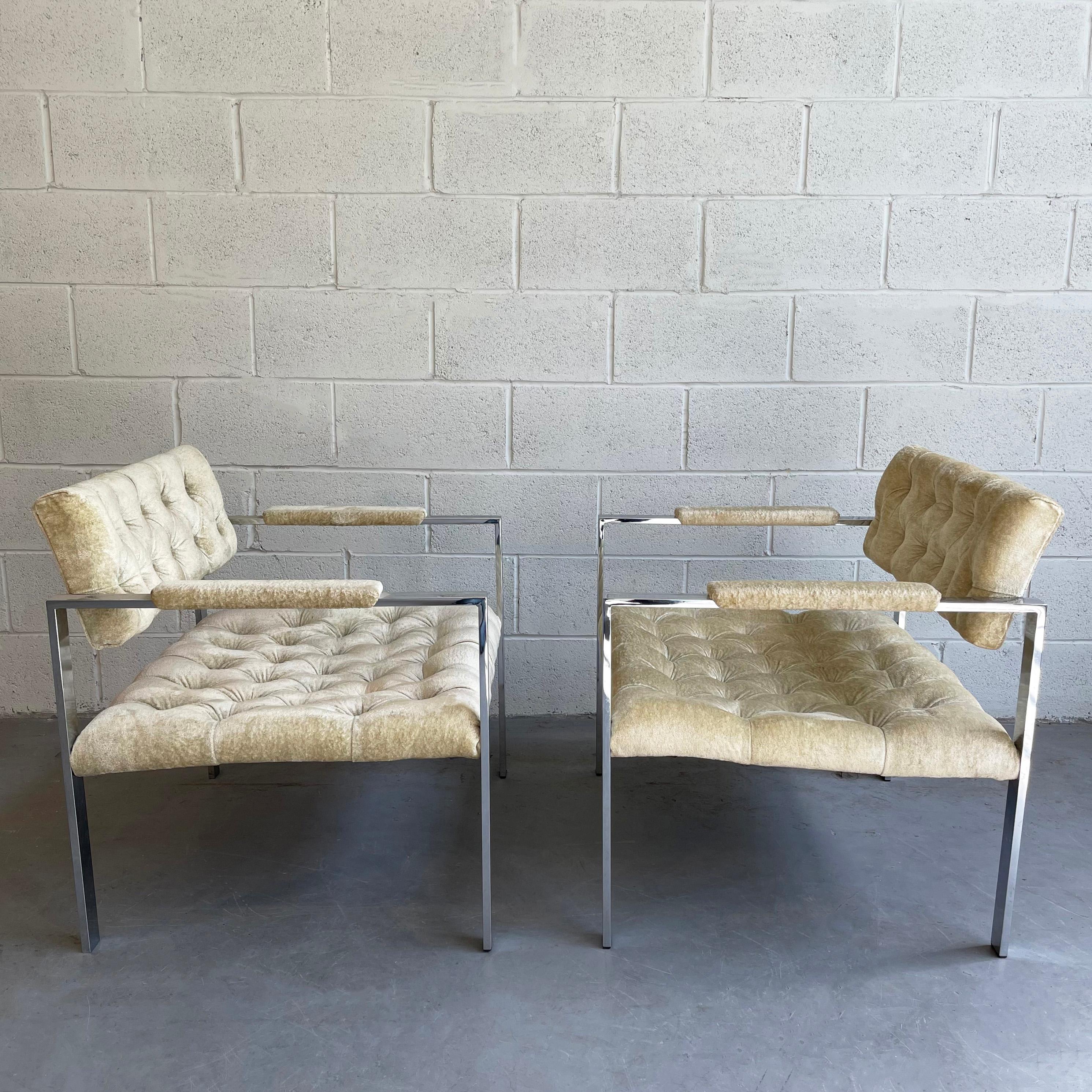 Pair of Chrome and Velvet Lounge Chairs by Erwin-Lambeth In Good Condition In Brooklyn, NY
