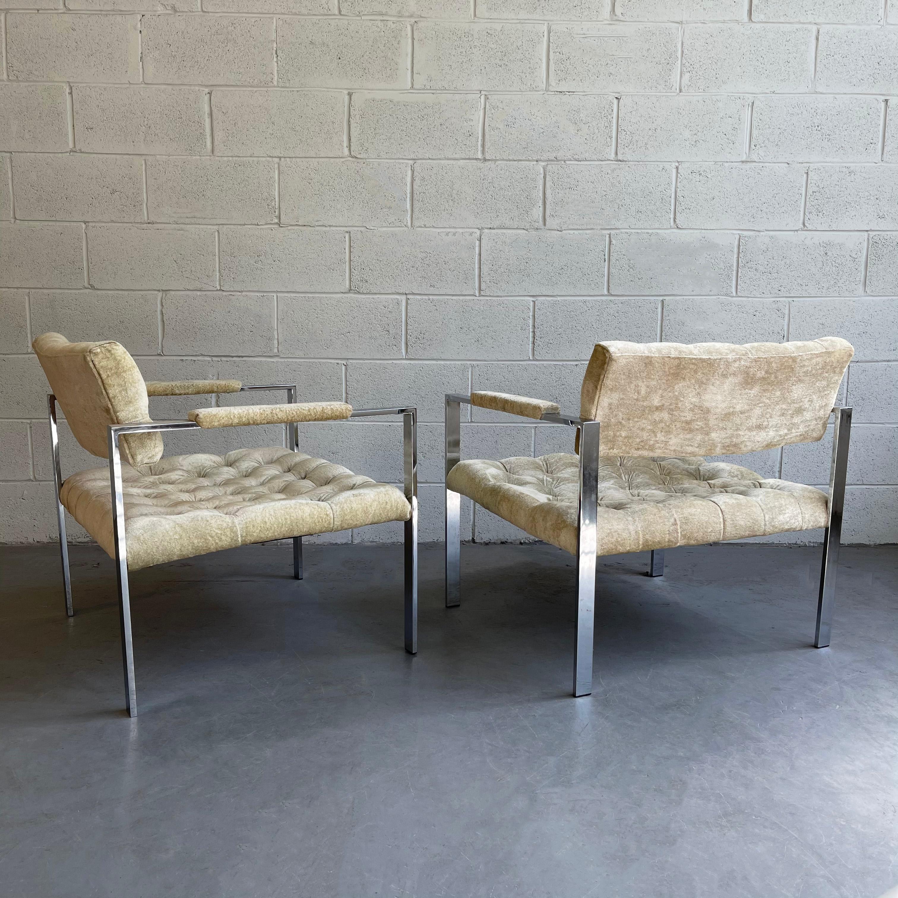 Late 20th Century Pair of Chrome and Velvet Lounge Chairs by Erwin-Lambeth