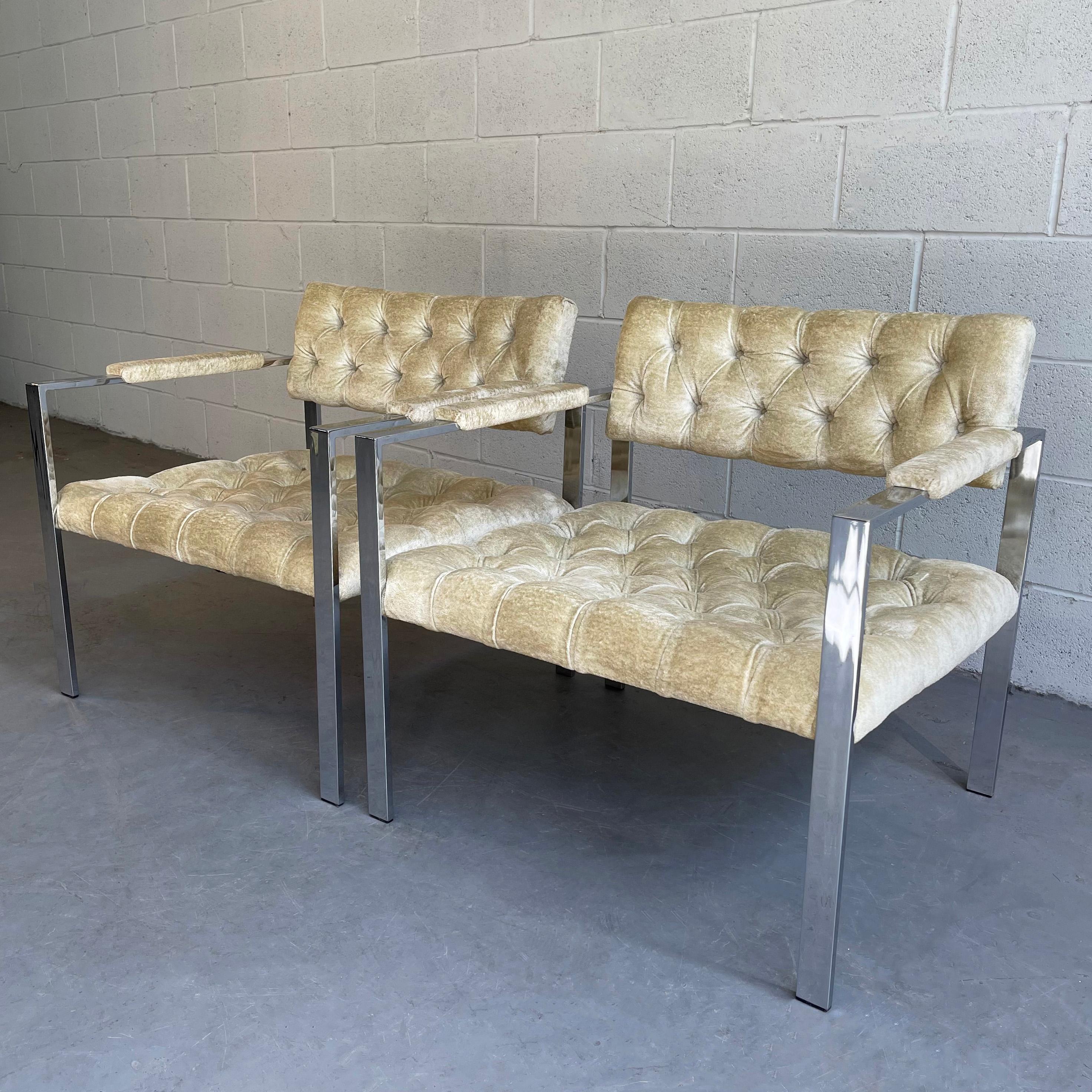 Pair of Chrome and Velvet Lounge Chairs by Erwin-Lambeth 2