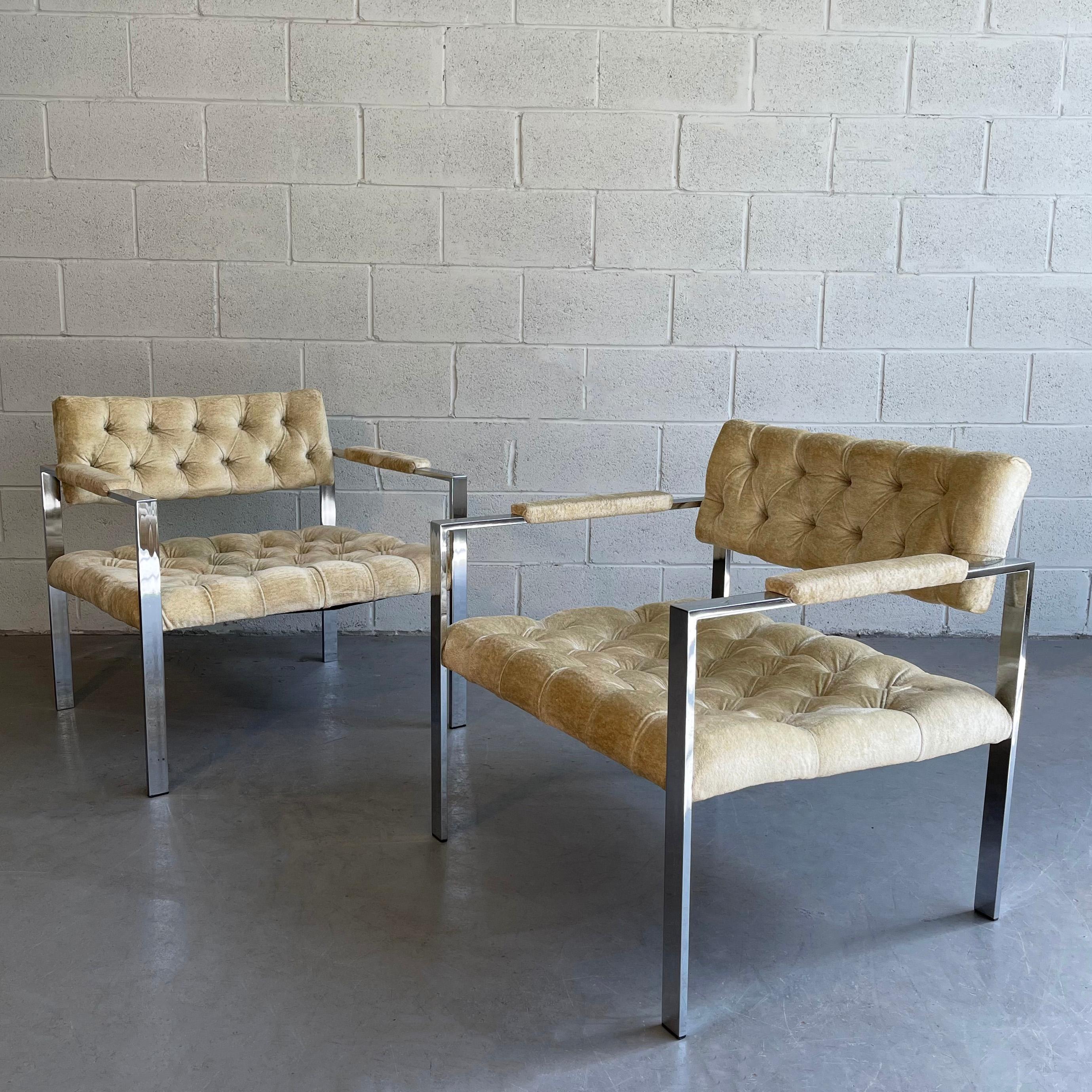 Pair of Chrome and Velvet Lounge Chairs by Erwin-Lambeth 3
