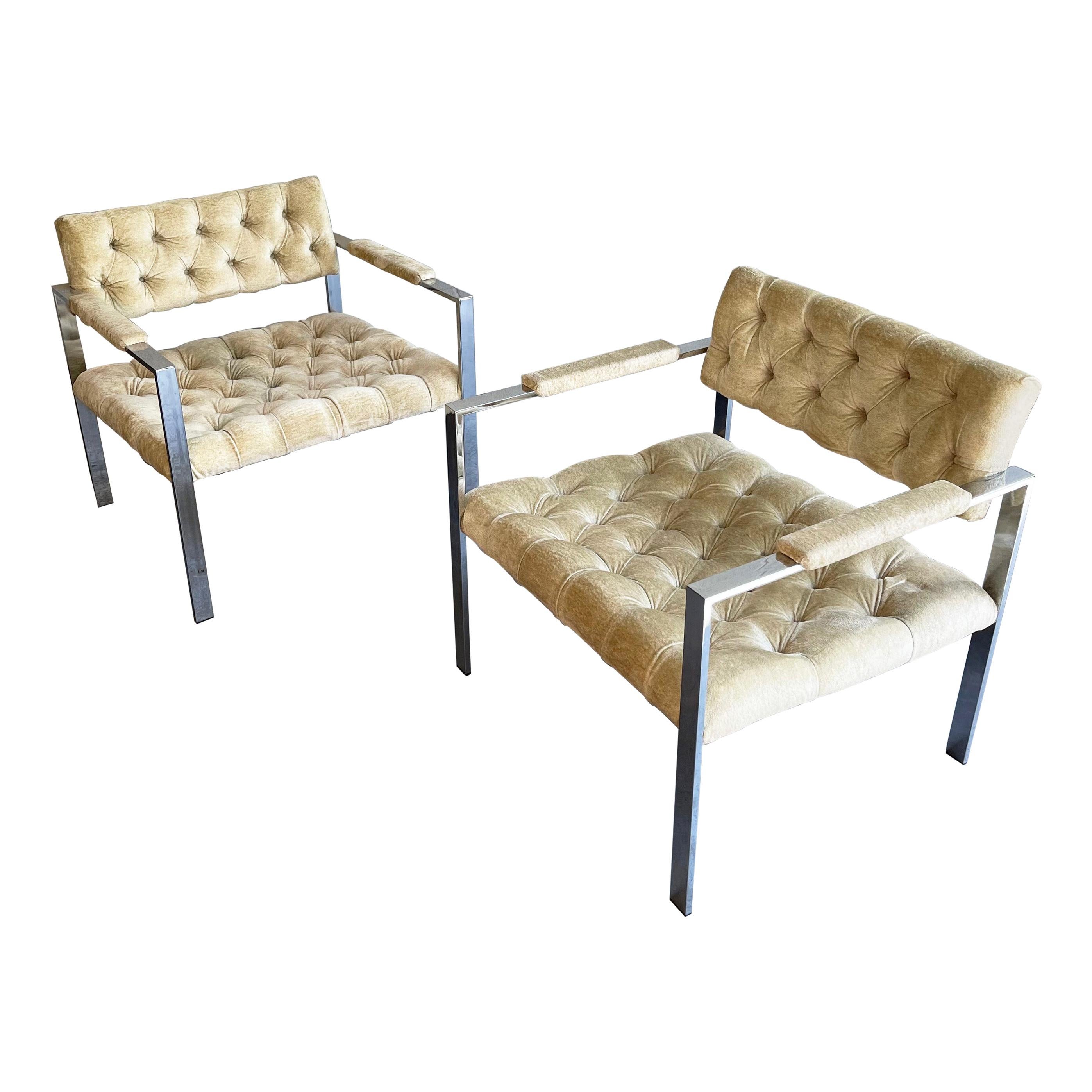 Pair of Chrome and Velvet Lounge Chairs by Erwin-Lambeth