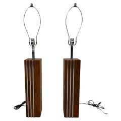 Vintage Pair of Chrome And Walnut Mid Century Lamps By Laurel Lamp Co.    