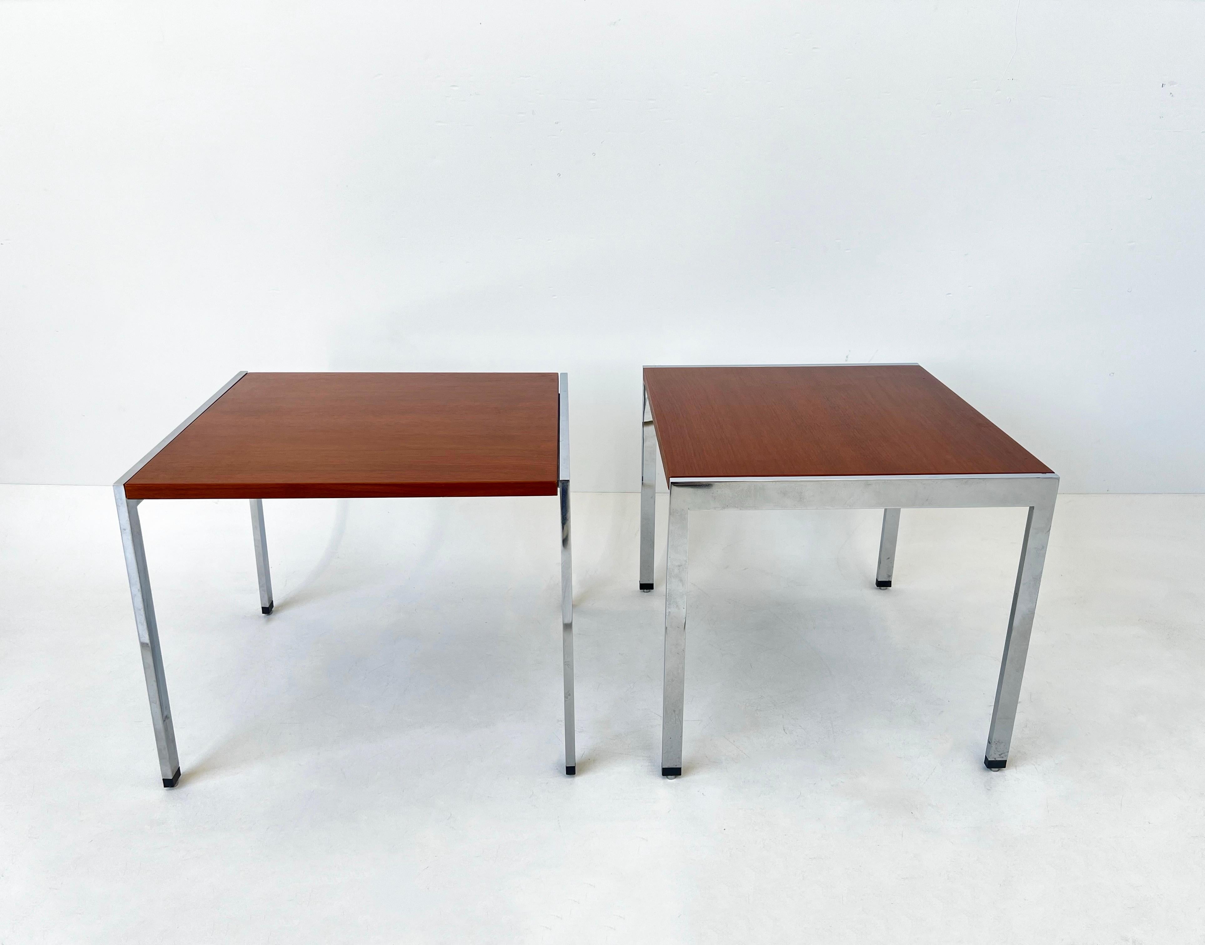 Modern Pair of Chrome and Walnut Side Tables by Ward Bennett  For Sale