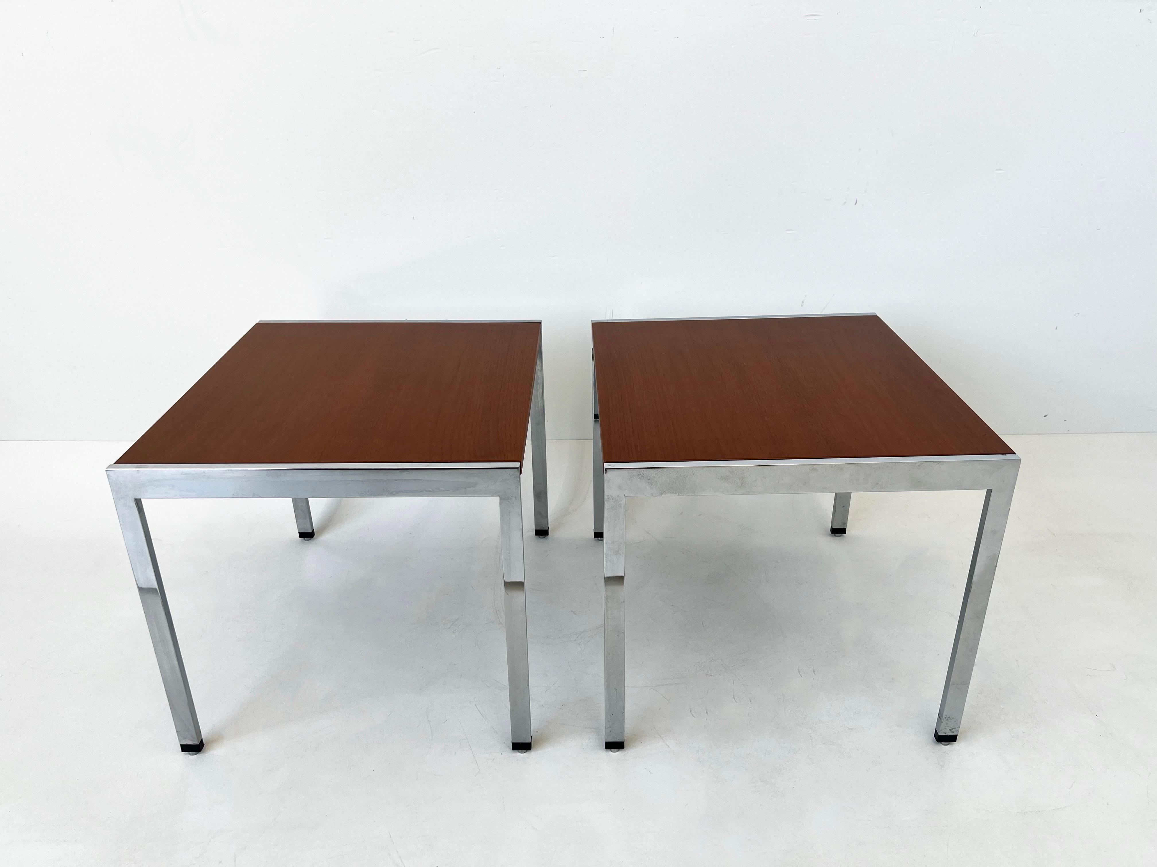 American Pair of Chrome and Walnut Side Tables by Ward Bennett  For Sale