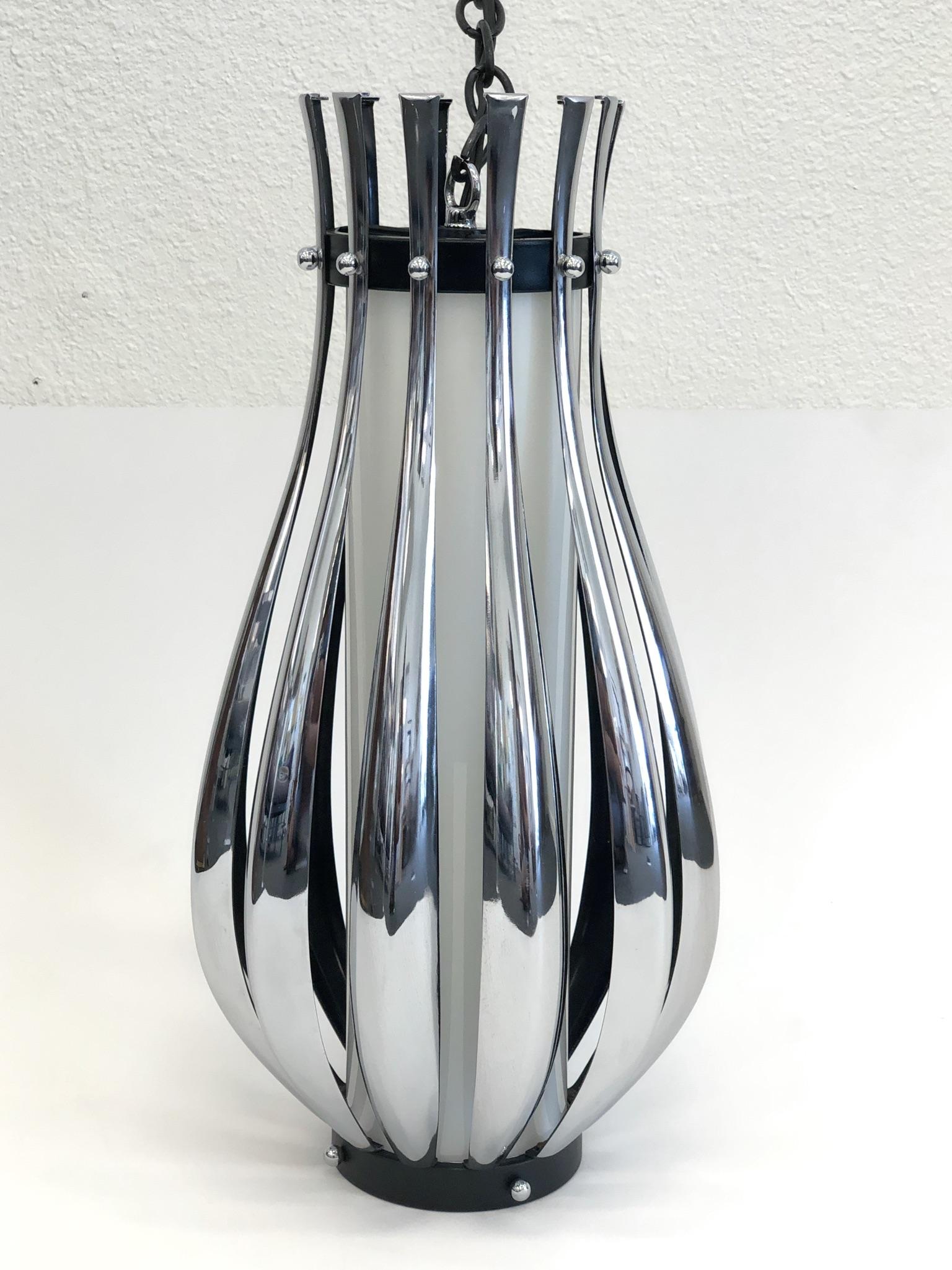 American Pair of Chrome and White Glass Pendant Lamps by Sonneman For Sale