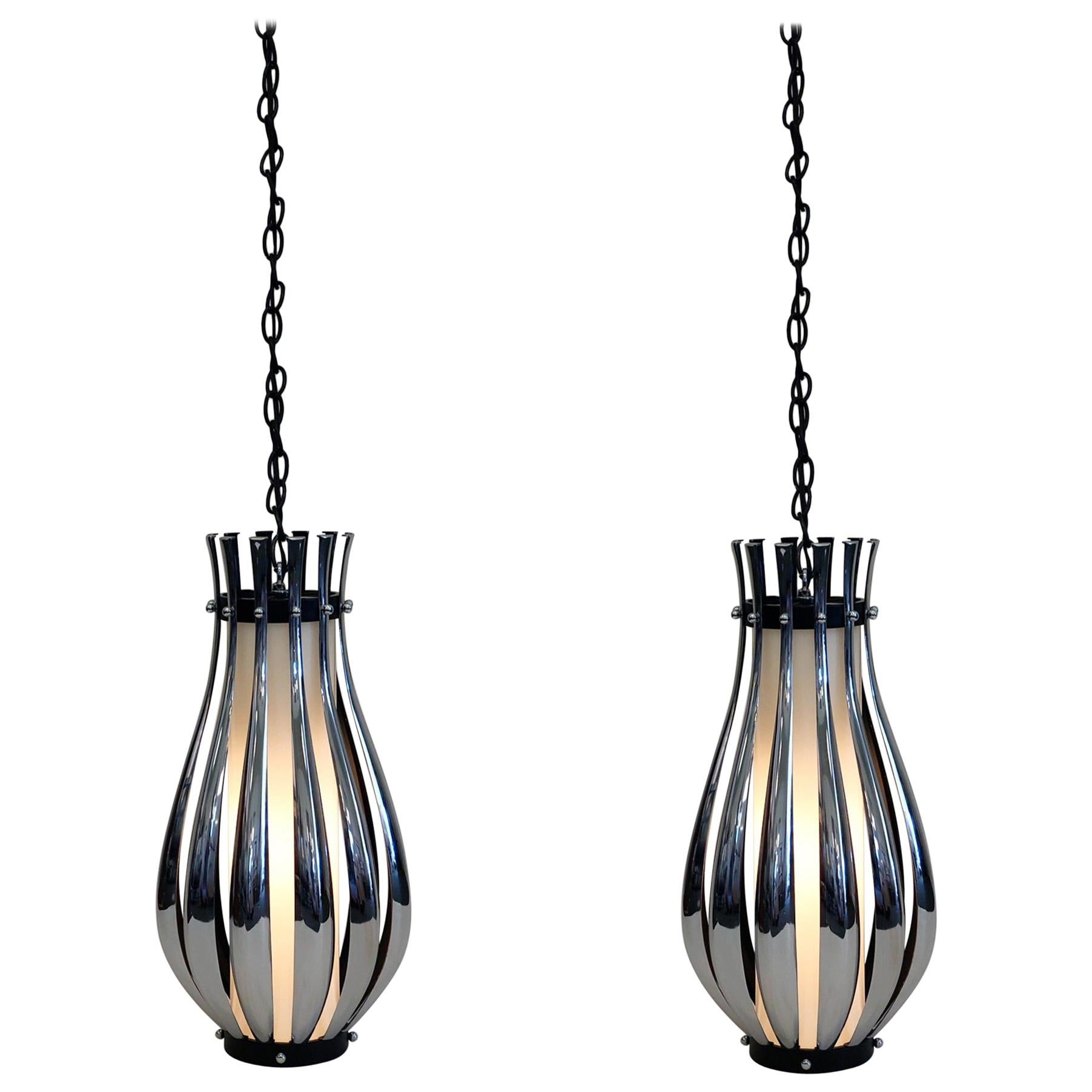 Pair of Chrome and White Glass Pendant Lamps by Sonneman For Sale