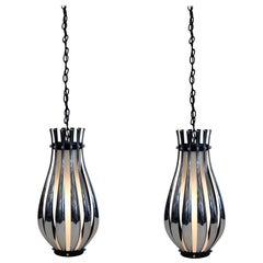 Vintage Pair of Chrome and White Glass Pendant Lamps by Sonneman